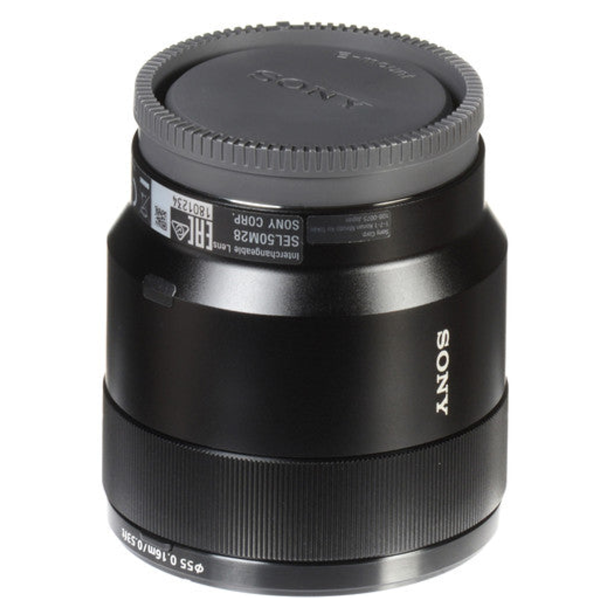 Schwarzes Sony E-Mount Objektiv mit Kappe auf weißem Hintergrund.