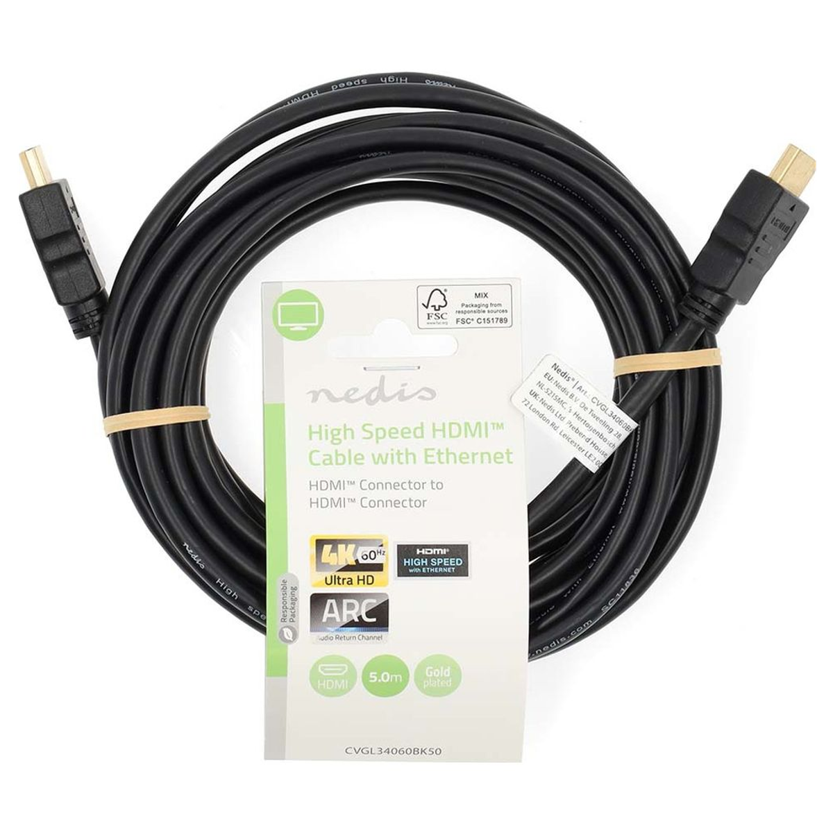 Ein schwarzes 5m Nedis High-Speed-HDMI-Kabel mit Ethernet, vergoldeten Steckern, aufgerollt und mit Bändern gebunden.