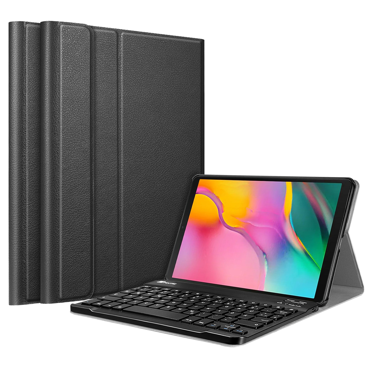 Schwarzes Tablet mit Tastatur und Hüllen. Weißer Hintergrund.