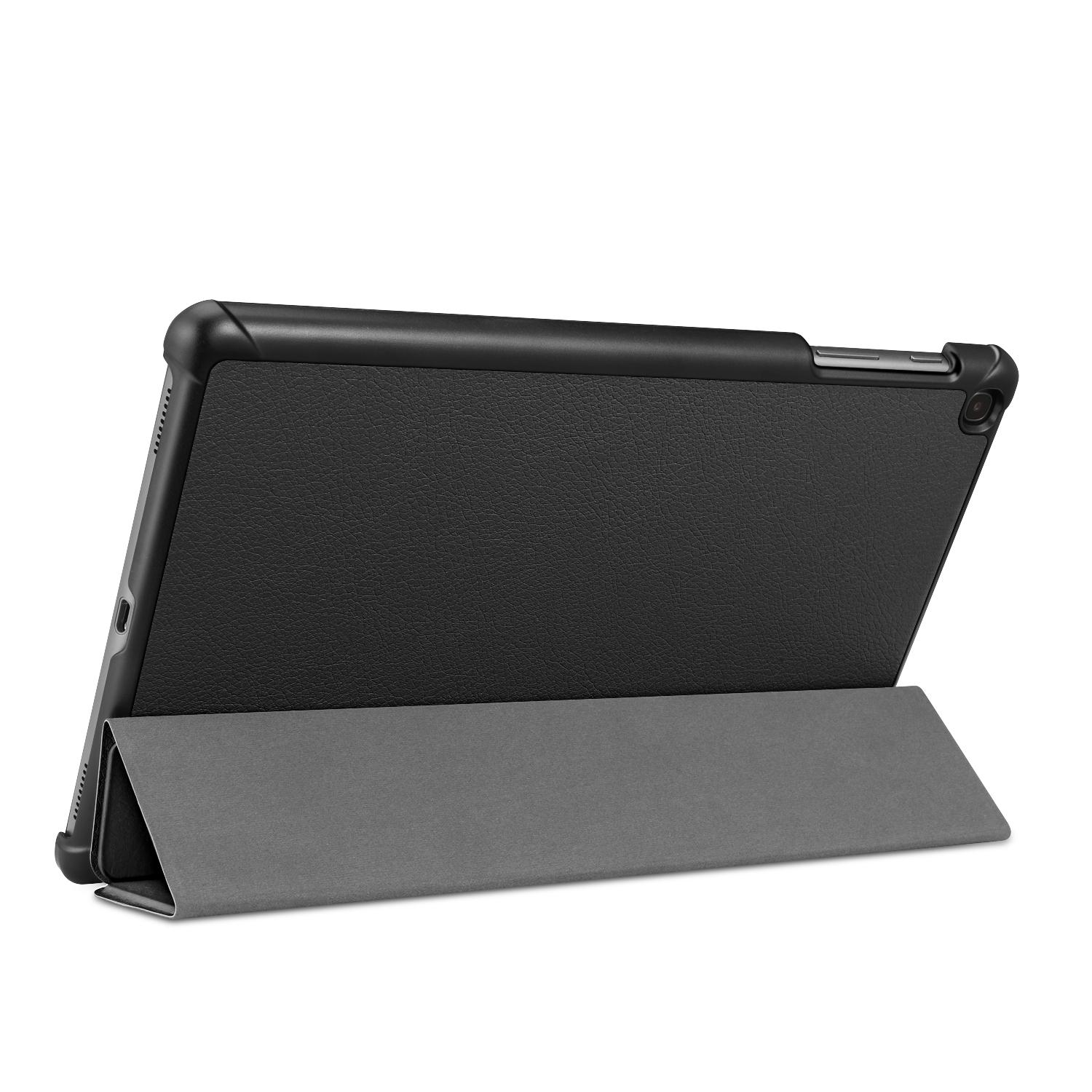 Schwarze Tablet-Hülle, gefaltet. Grauer Ständer. Weißer Hintergrund.