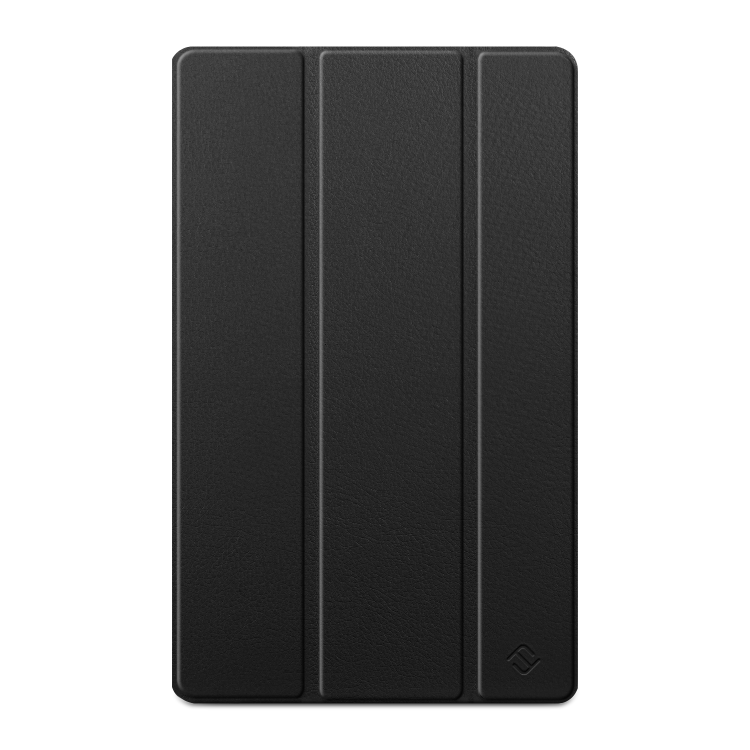 Eine geschlossene schwarze Tablet-Hülle. Sie hat eine strukturierte Oberfläche und ein kleines Logo unten.