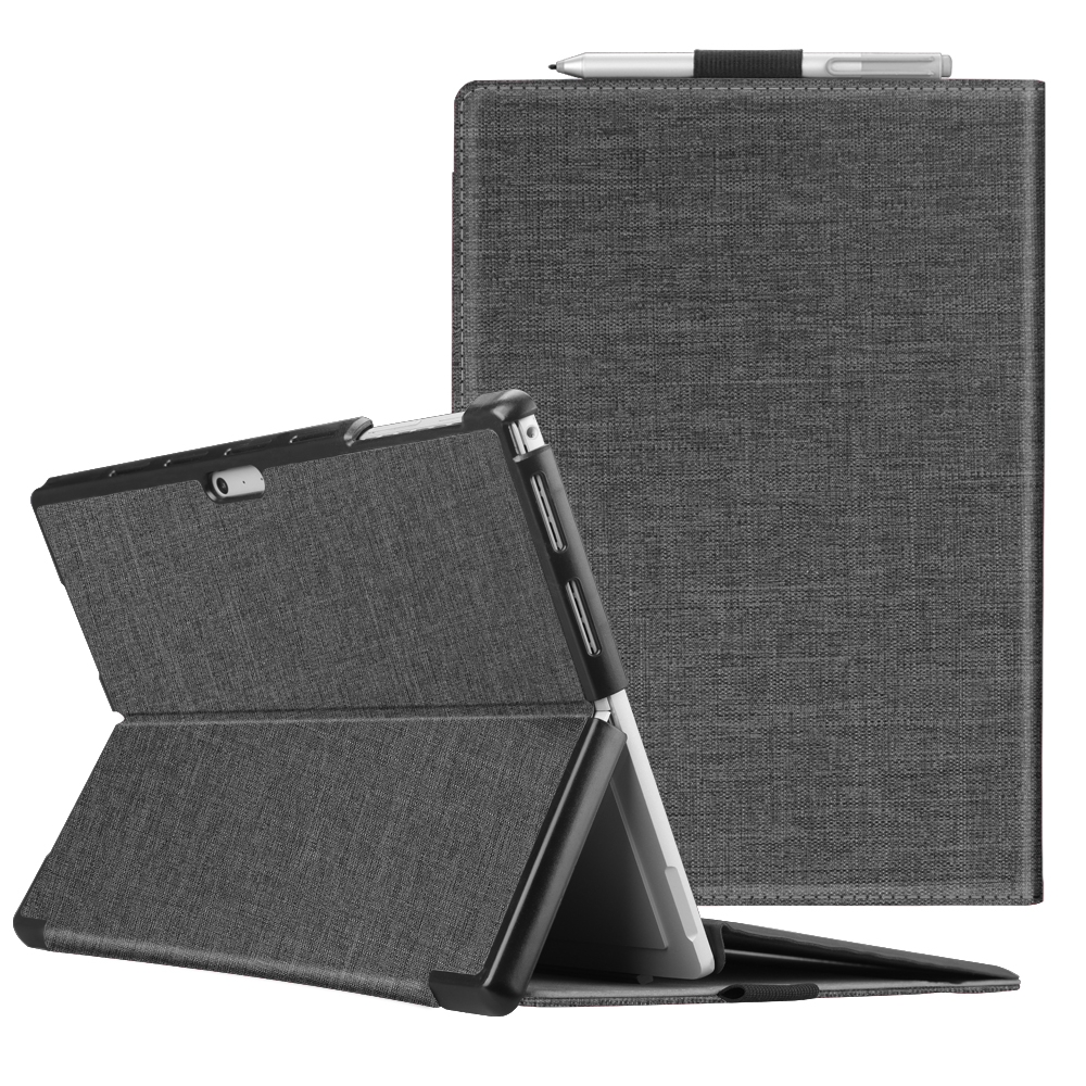 Eine Tablet-Hülle befindet sich in gefalteter Position. Ein Stift liegt oben auf.