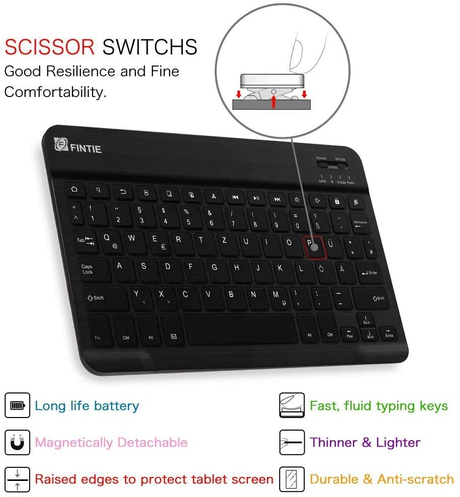 Schwarze Tastatur mit Tasten. Eigenschaften: lange Akkulaufzeit und schnelles Tippen.