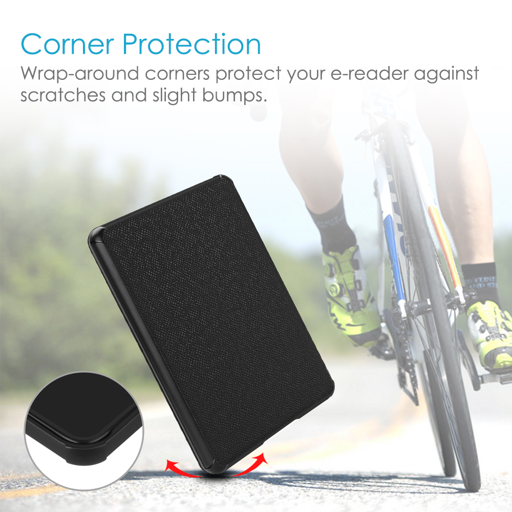 Schwarze E-Reader-Hülle. Im Hintergrund sind ein Radfahrer und ein Fahrrad zu sehen. Eckenschutz ist abgebildet.