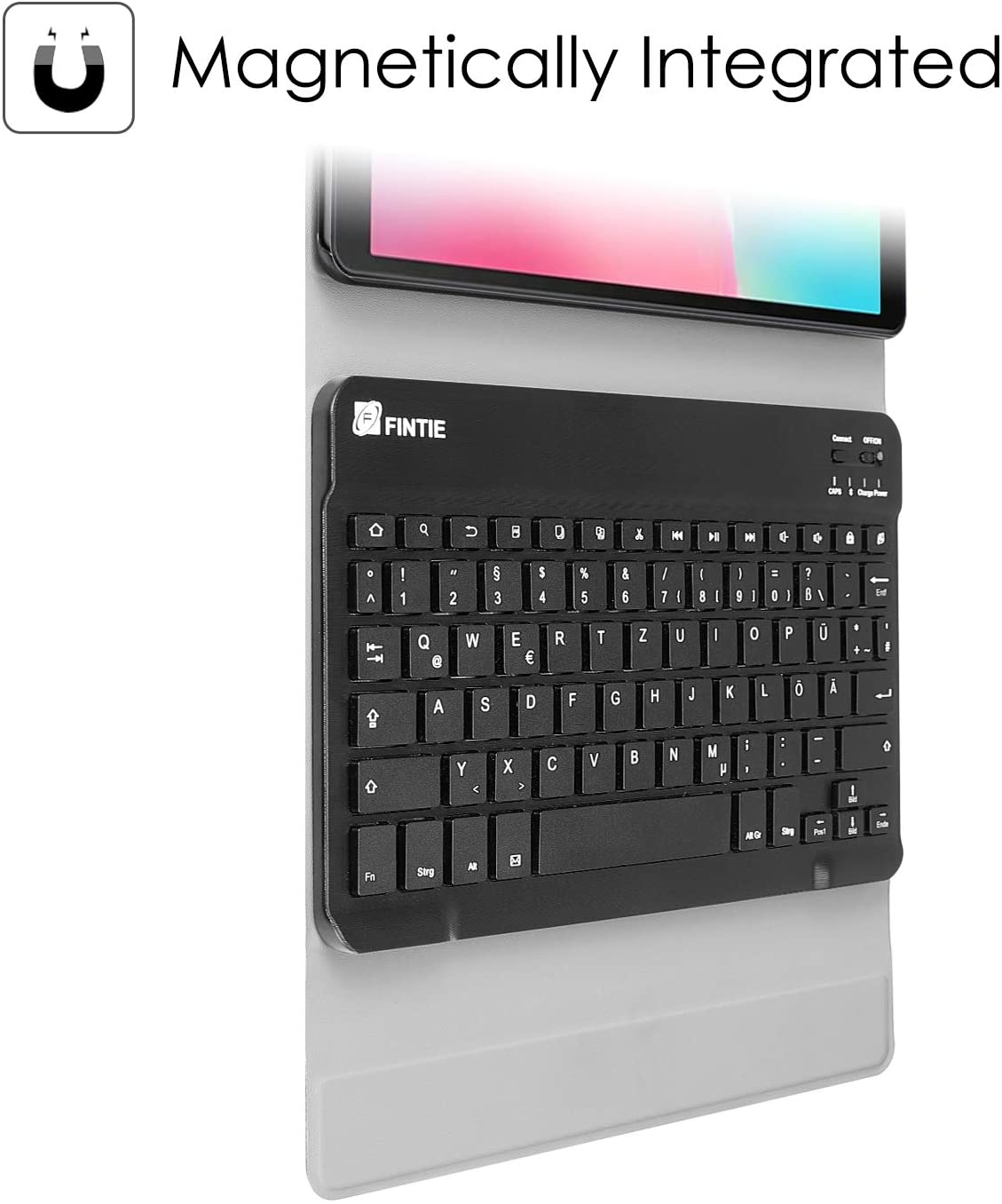 Schwarze Tastatur an einem Tablet befestigt. Die Tastatur ist magnetisch und hat das Fintie-Logo.