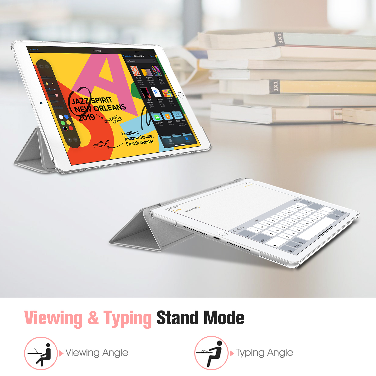 Tablet mit Hülle, App-Oberfläche anzeigend. Standmodus, mit Tastatur. Text: Viewing & Typing Stand Mode.