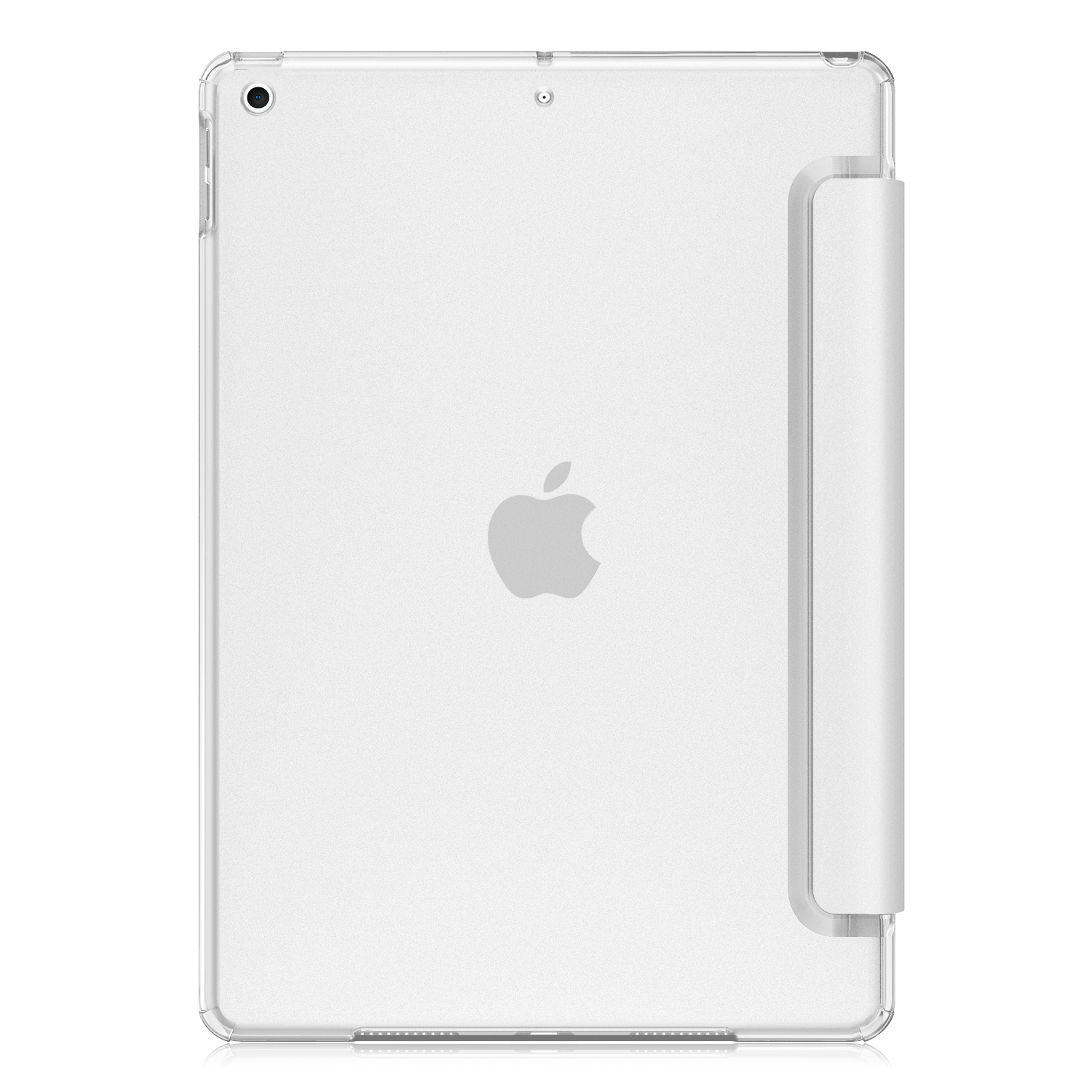 Weißes iPad mit Schutzhülle auf weißem Hintergrund.
