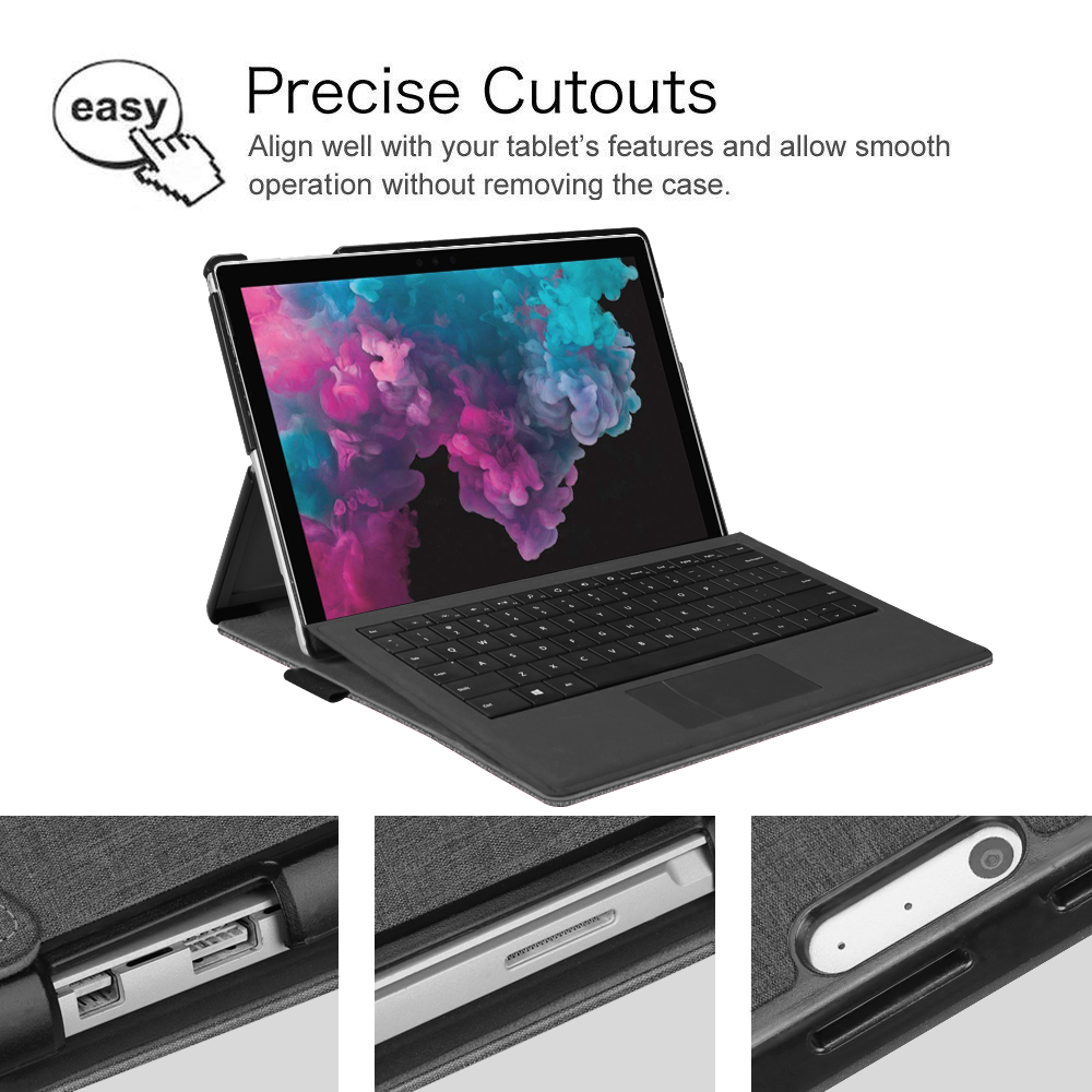 Ein Tablet in einer Hülle mit angeschlossener Tastatur, die Details des Hüllendesigns zeigt.