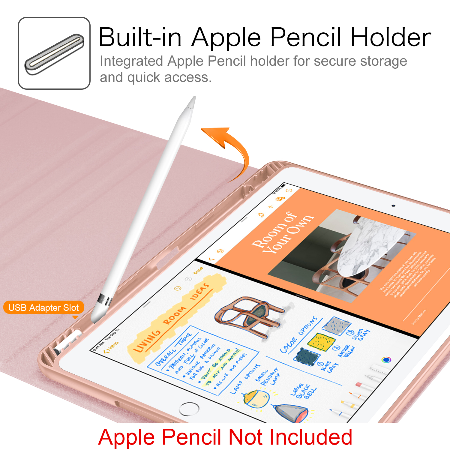 iPad in einem rosa Gehäuse. Ein weißer Apple Pencil wird in seinem Halter gezeigt. Der Bildschirm zeigt Notizen.