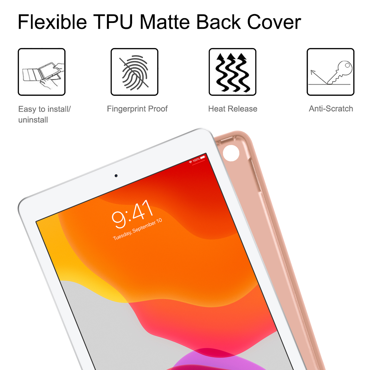 Ein iPad mit rosafarbenem Gehäuse und Symbolen für einfache Installation, Fingerabdruckschutz, Wärmeableitung und Kratzschutz.