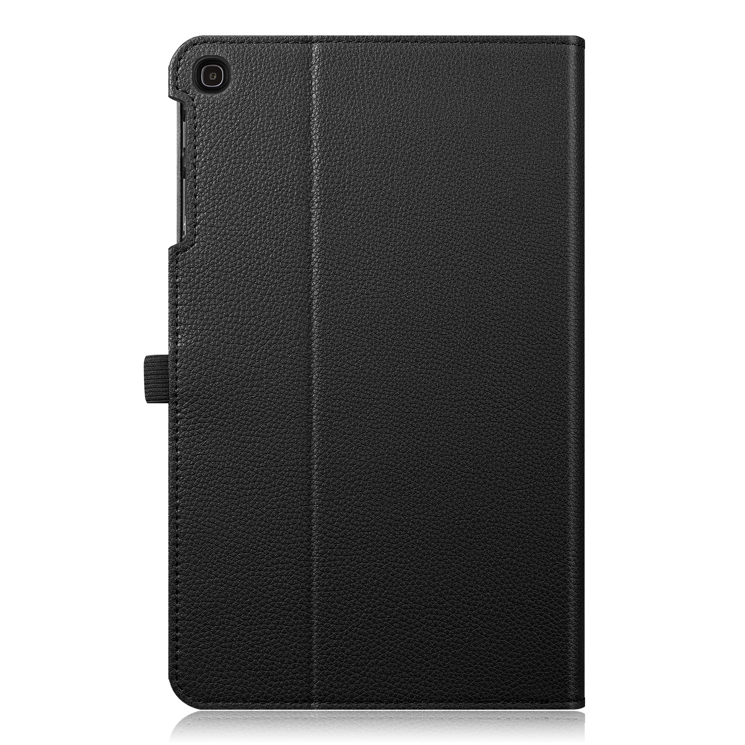 Schwarze Tablet-Lederhülle. Geschlossen, mit Klappe und Gummiband. Strukturierte Oberfläche.