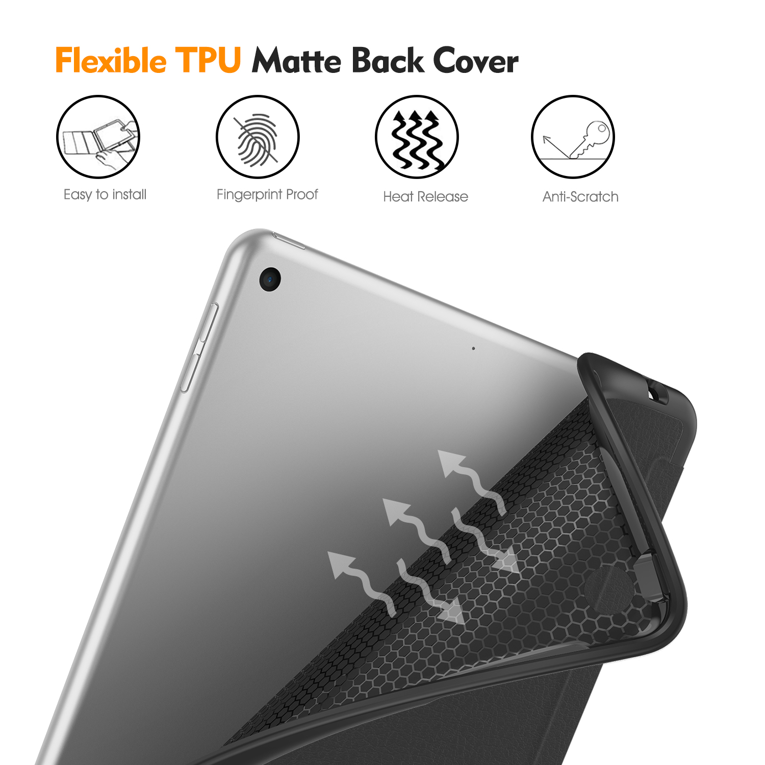 Ein iPad befindet sich in einer schwarzen, flexiblen TPU-Hülle. Die Hülle ist teilweise geöffnet und zeigt die Rückseite des iPads.
