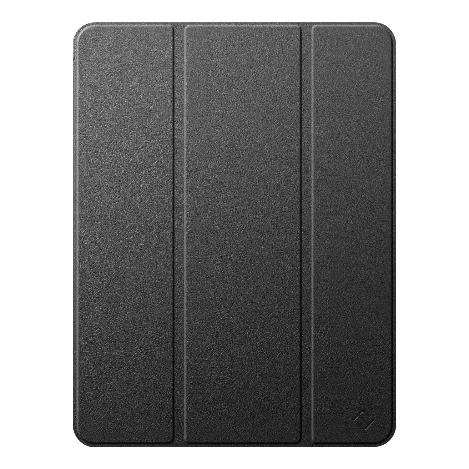 Eine geschlossene schwarze Tablet-Hülle. Sie hat eine strukturierte Oberfläche und ein kleines Logo unten.