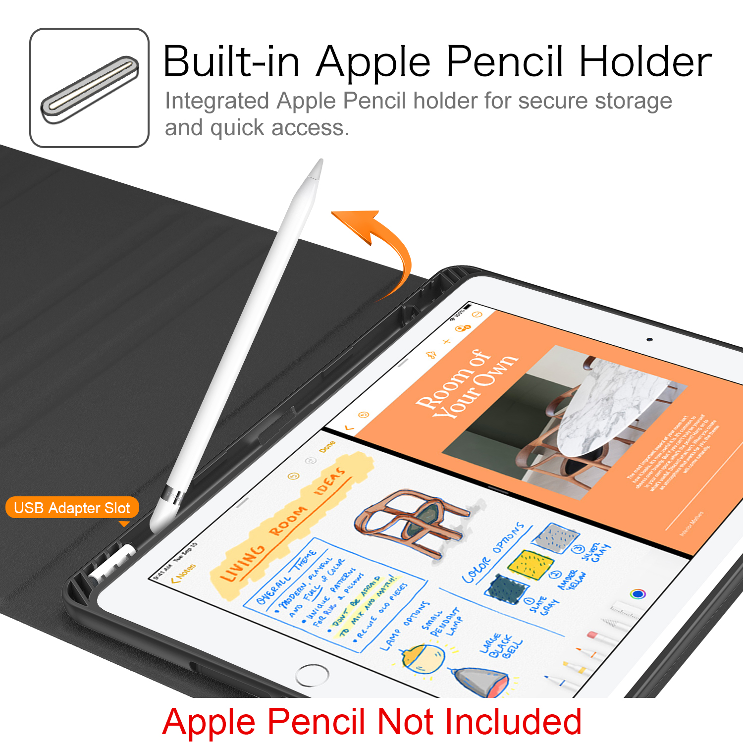 iPad mit Stift. Bildschirm zeigt Notizen und Raumideen. Text sagt Apple Pencil nicht enthalten.