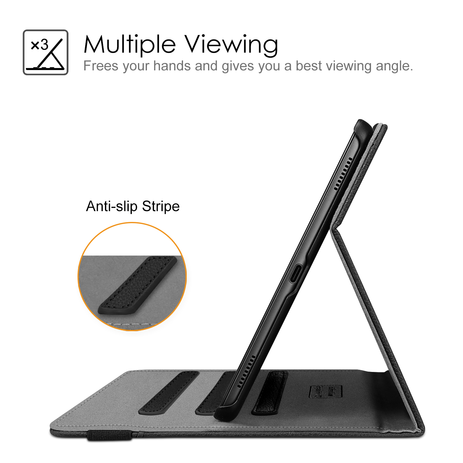 Eine Tablet-Hülle mit Tablet. Features: Anti-Rutsch-Streifen.