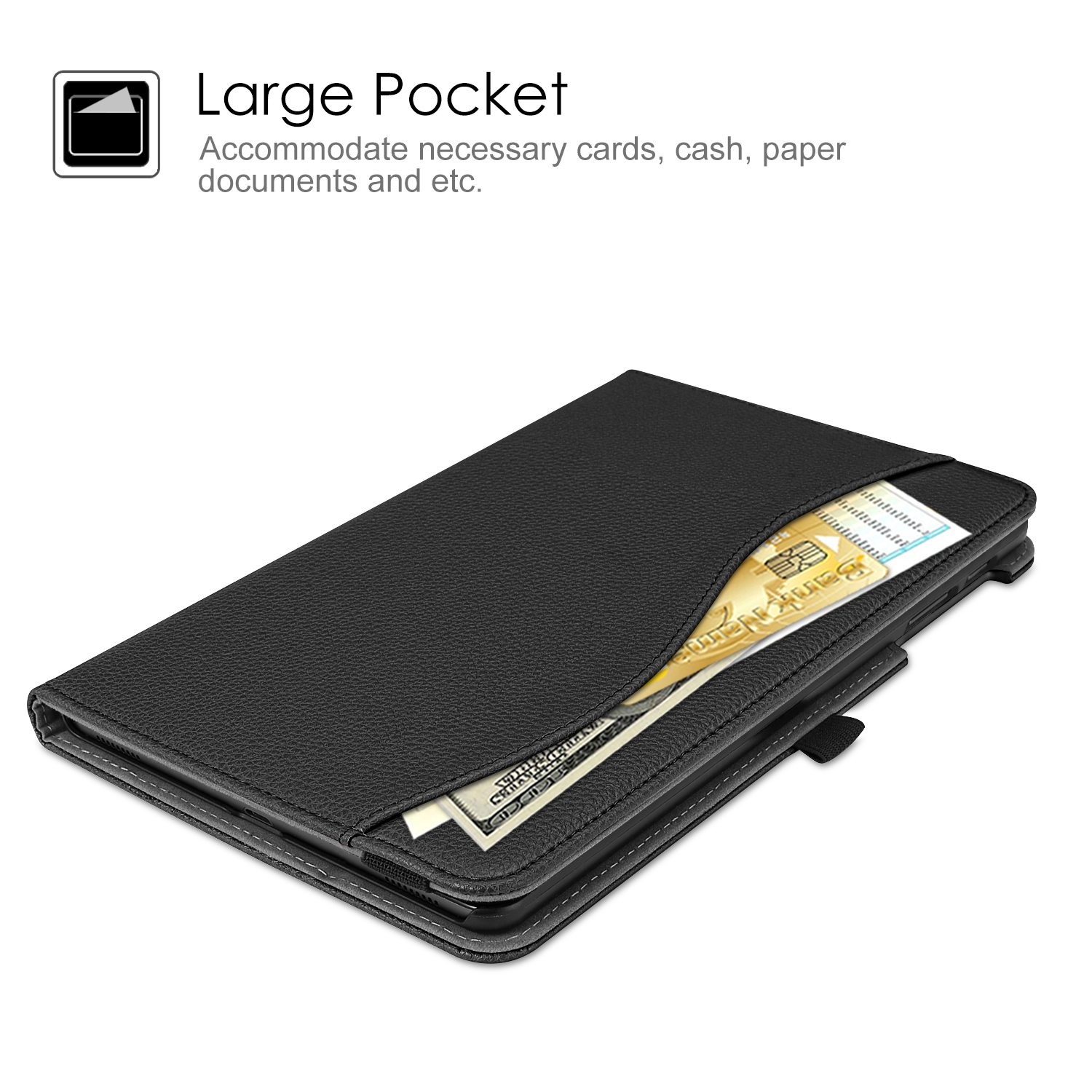 Schwarze Leder-Tablethülle mit Geld und Karte in der Tasche.