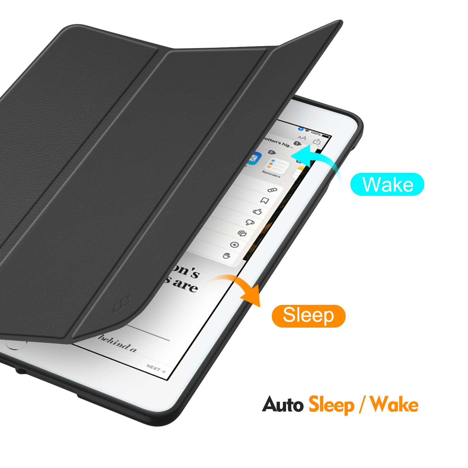 Schwarzer E-Reader in schwarzer Hülle. Die Hülle ist geöffnet und zeigt den Bildschirm.
