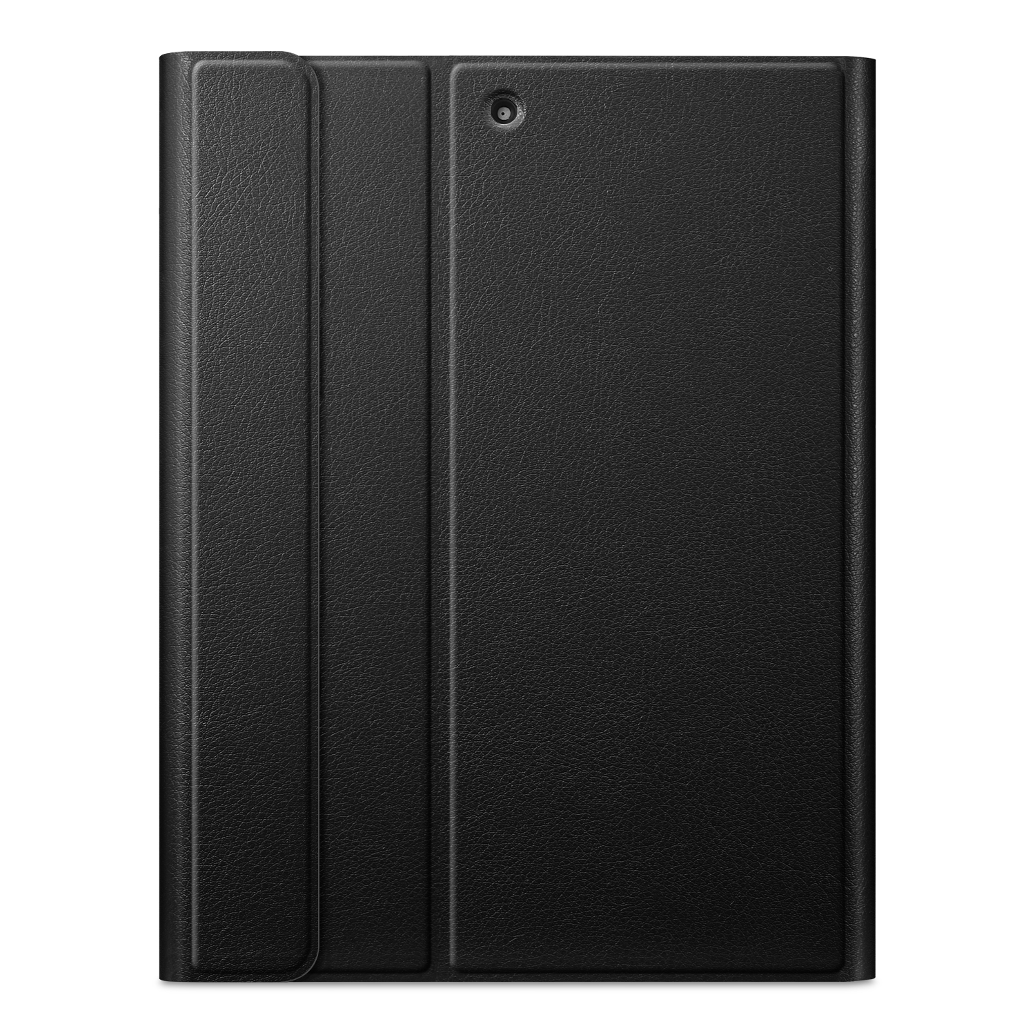 Schwarze Tablet-Hülle mit einem Kamera-Loch auf weißem Hintergrund.