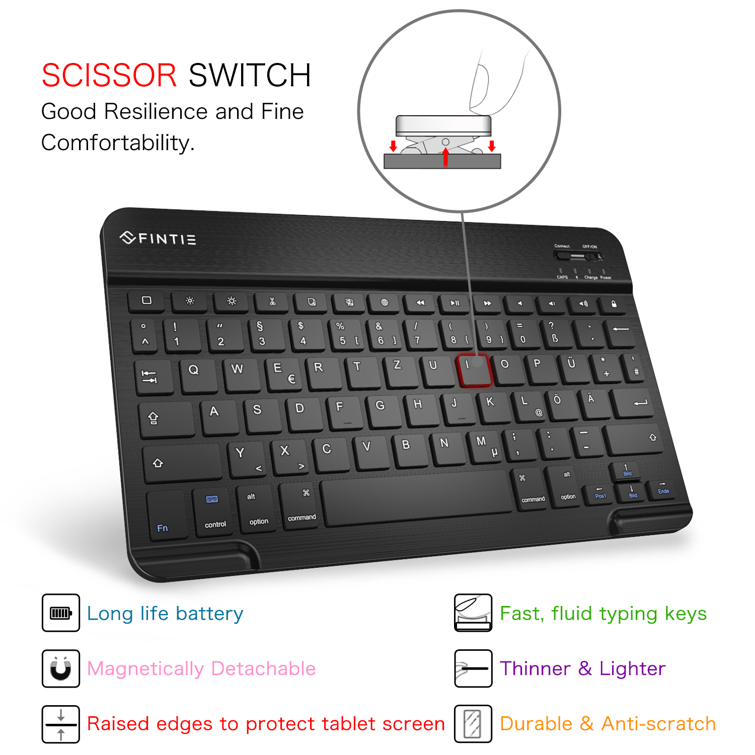 Schwarze Tastatur mit weißen Tasten. Text: „SCISSOR SWITCH“. Symbole und Text unten.