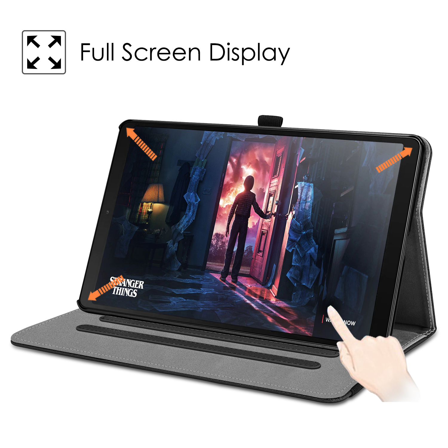 Tablet in einer Hülle mit einer Szene aus Stranger Things auf dem Bildschirm. Hand berührt den Bildschirm.