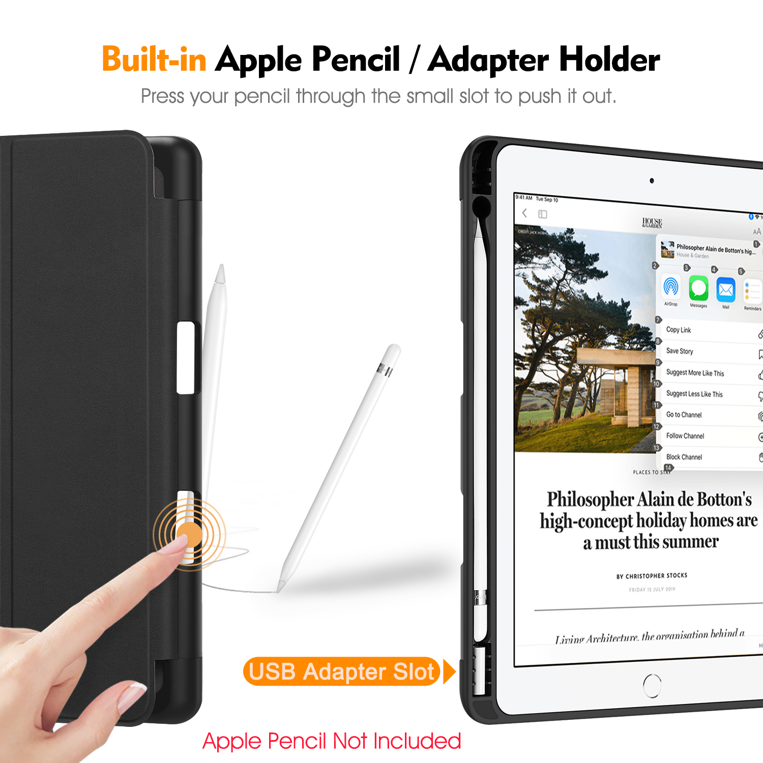Schwarze iPad-Hülle mit Apple Pencil-Steckplatz. Ein Finger schiebt den Stift heraus. Tablet zeigt Webseite, Text: 'Philosopher Alain de Botton'.