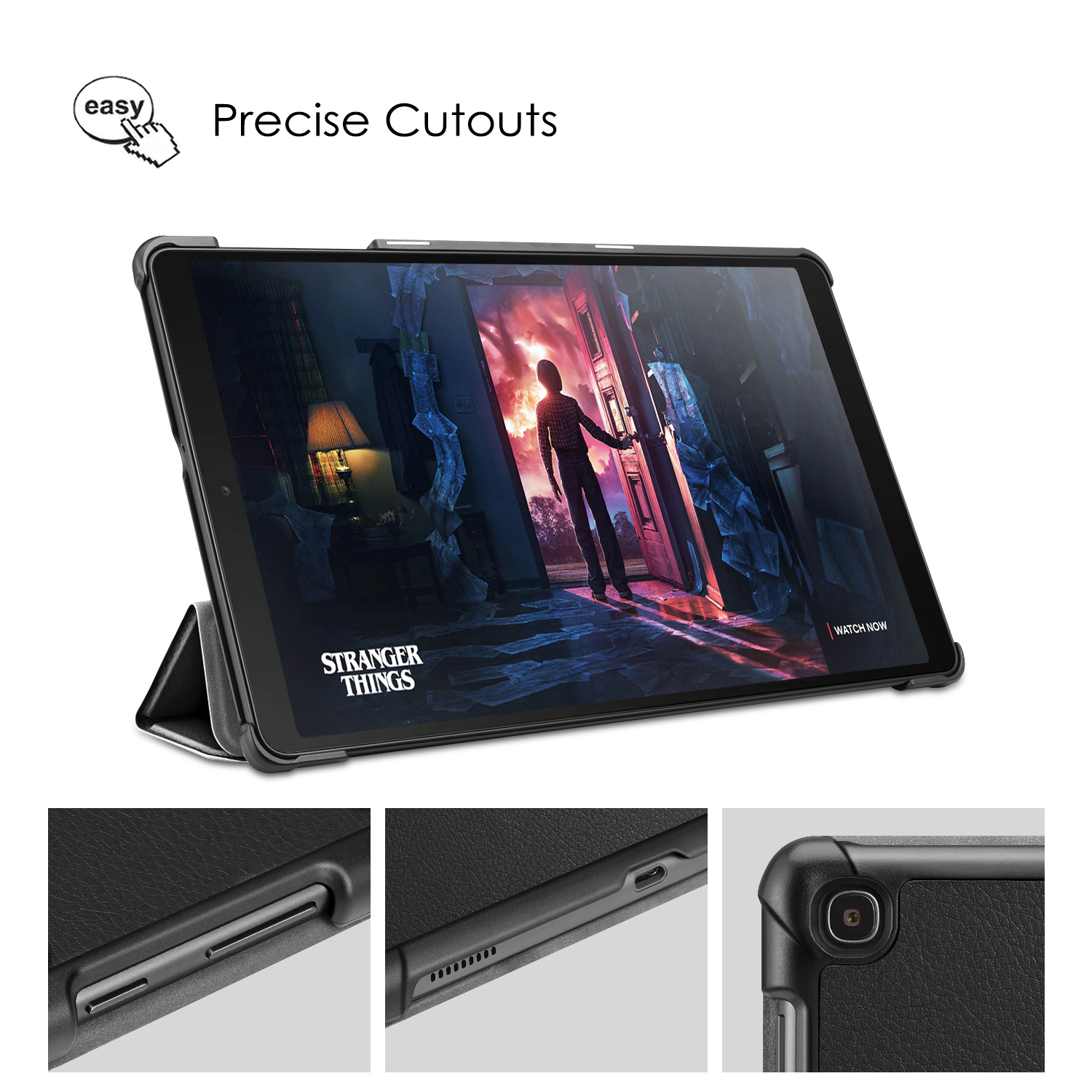 Tablet mit Hülle, Präzisionsausschnitte. Der Bildschirm zeigt eine Szene aus Stranger Things.