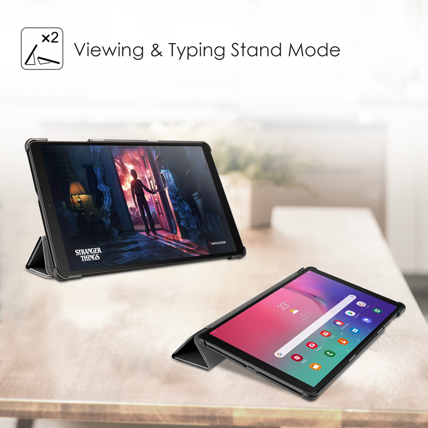 Tablets in Hüllen auf einem Tisch. Eines zeigt eine Show, das andere App-Symbole. Hintergrund unscharf.
