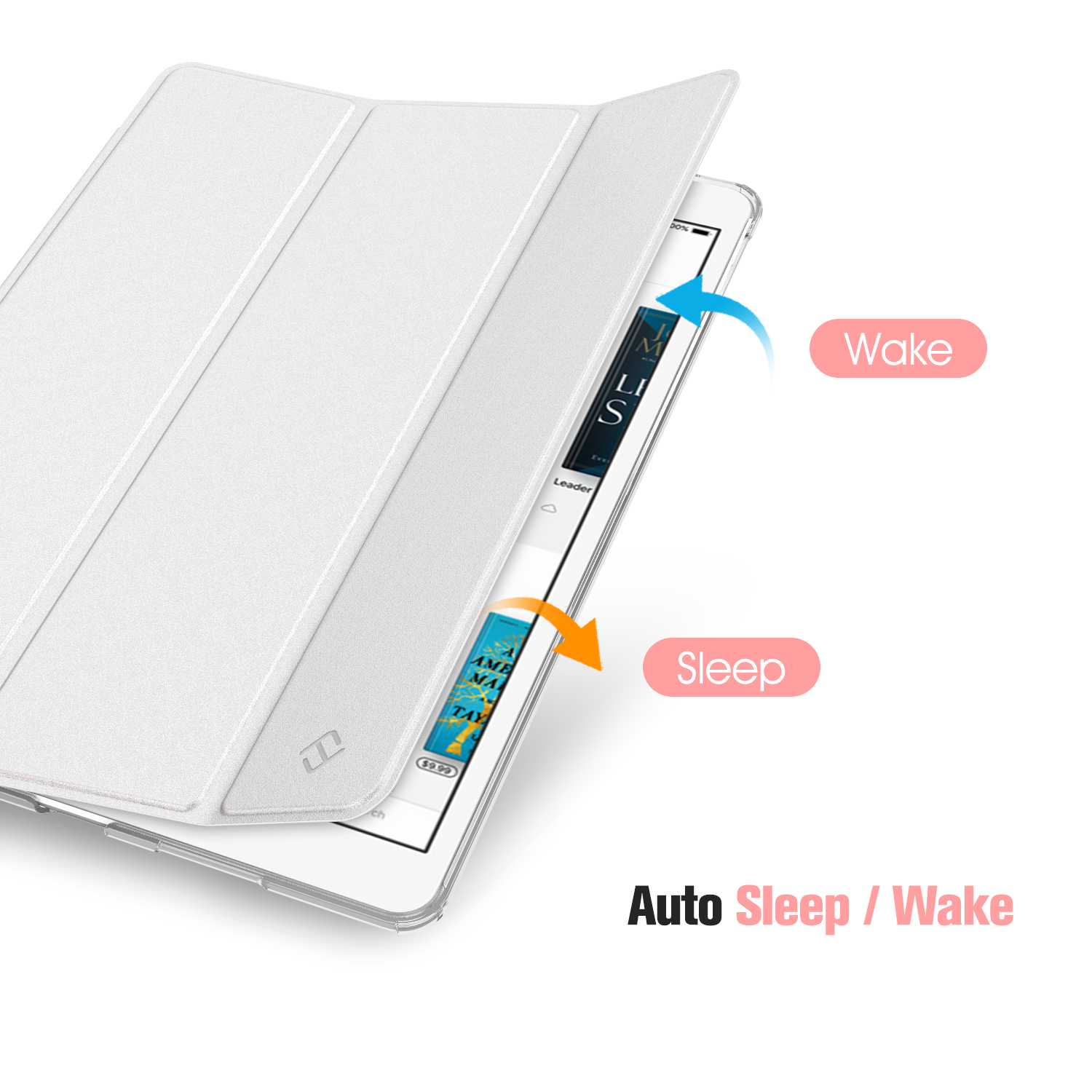 Weißes Tablet in einer Hülle. Pfeile zeigen die Funktionen 'Wake' und 'Sleep' an. Text unten: 'Auto Sleep/Wake'.