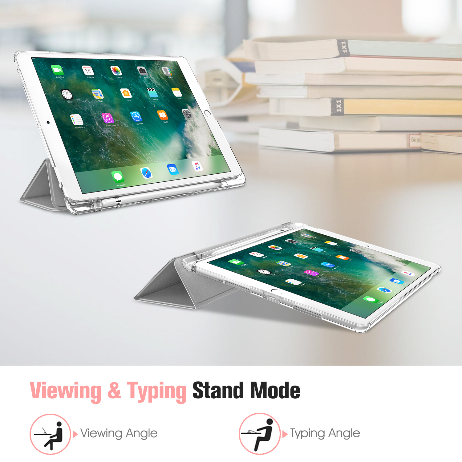 Zwei iPads in Hüllen. Eines aufrecht, eines abgewinkelt. Bücher sind im Hintergrund gestapelt.