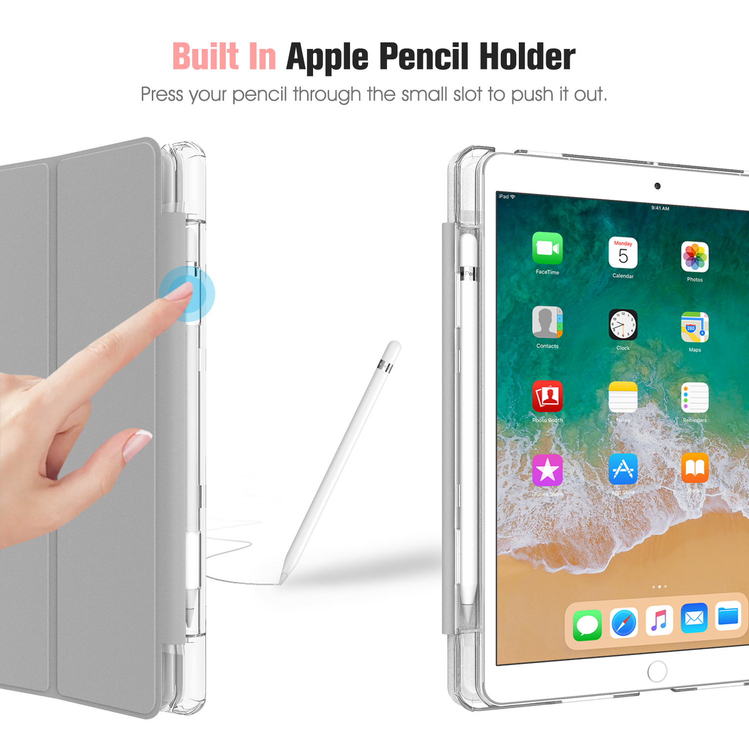 iPad-Hülle mit Stifthalter. Eine Hand schiebt den Stift durch einen Schlitz, um ihn freizulegen.