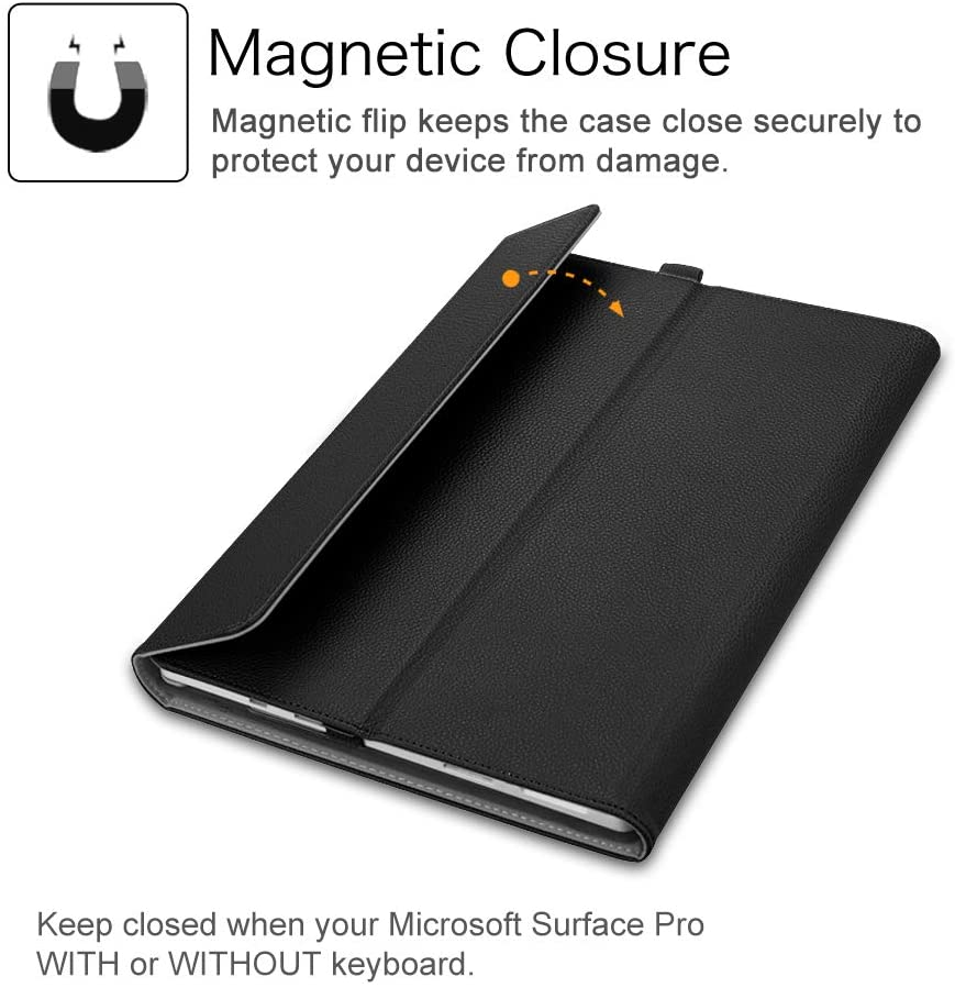 Schwarze Tablethülle mit Magnetverschluss. Geöffnete Hülle zeigt das Tablet. Weißer Hintergrund.