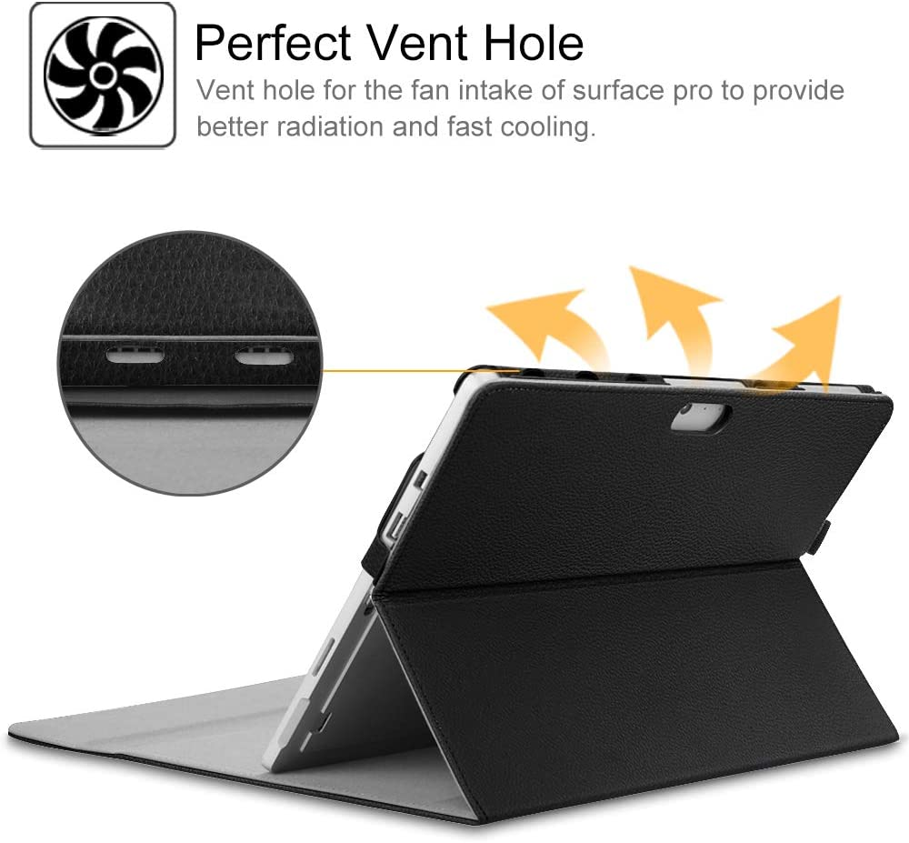 Schwarze Tablet-Hülle mit Belüftungsloch, zeigt ein Tablet im Inneren. Text: Perfect Vent Hole, für bessere Kühlung.