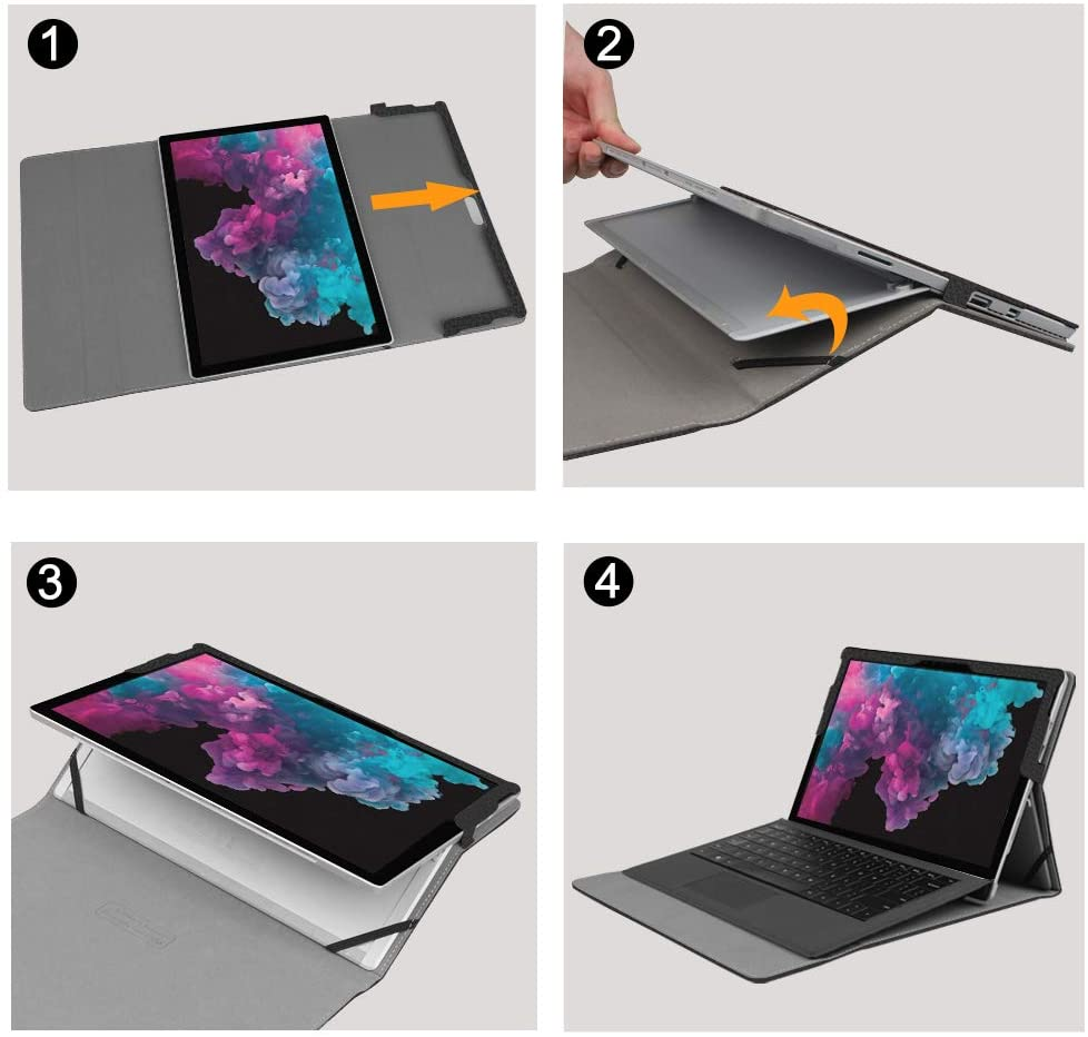 Abfolge von Schritten beim Einsetzen eines Tablets in ein Case und dessen Verwendung als Laptop.