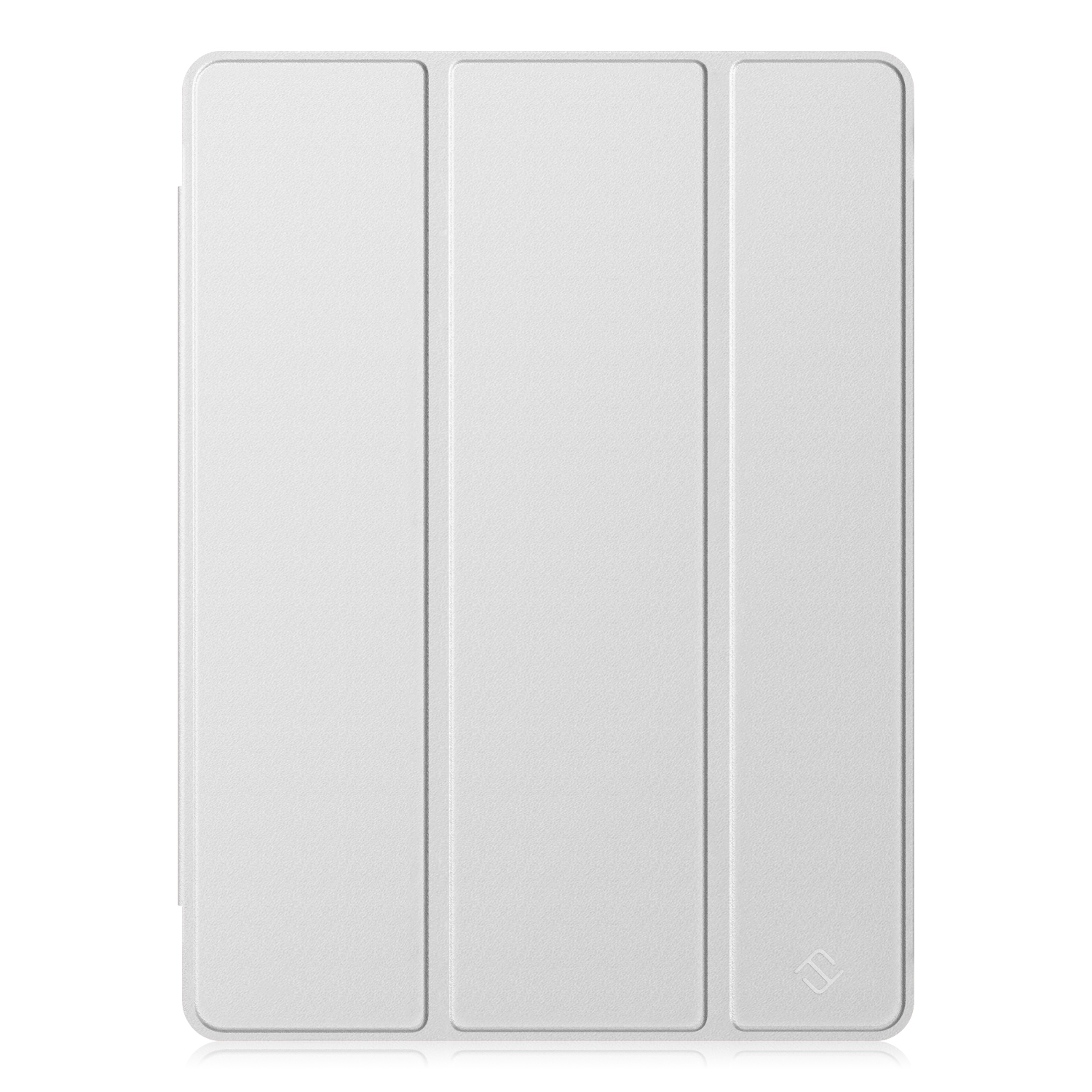Ein weißes, dreifach gefaltetes Etui für ein Tablet. Es ist geschlossen und zeigt ein kleines Logo in der unteren rechten Ecke.
