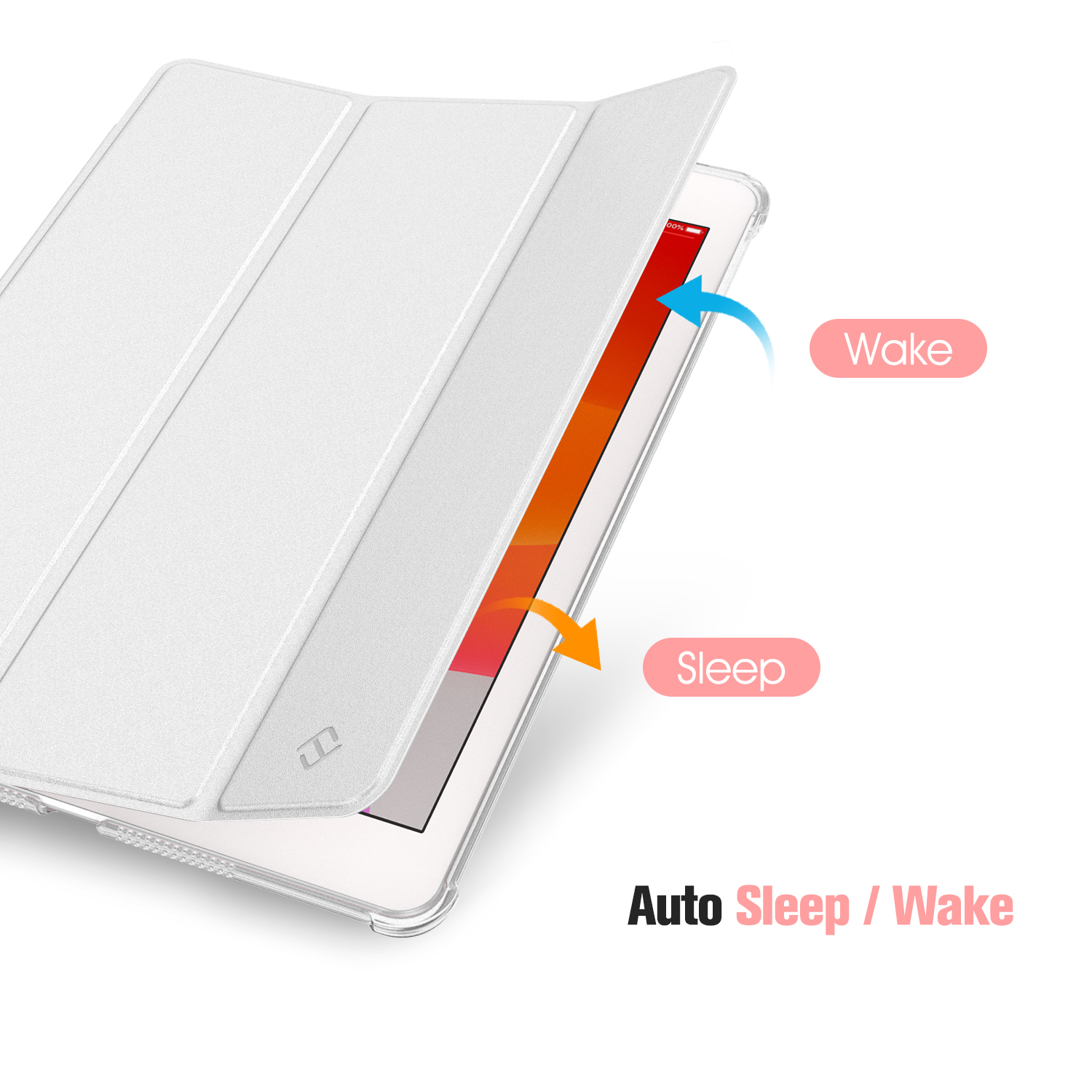 Weiße Tablet-Hülle geöffnet, zeigt Bildschirm. Text: Auto-Sleep/Wake-Funktion.