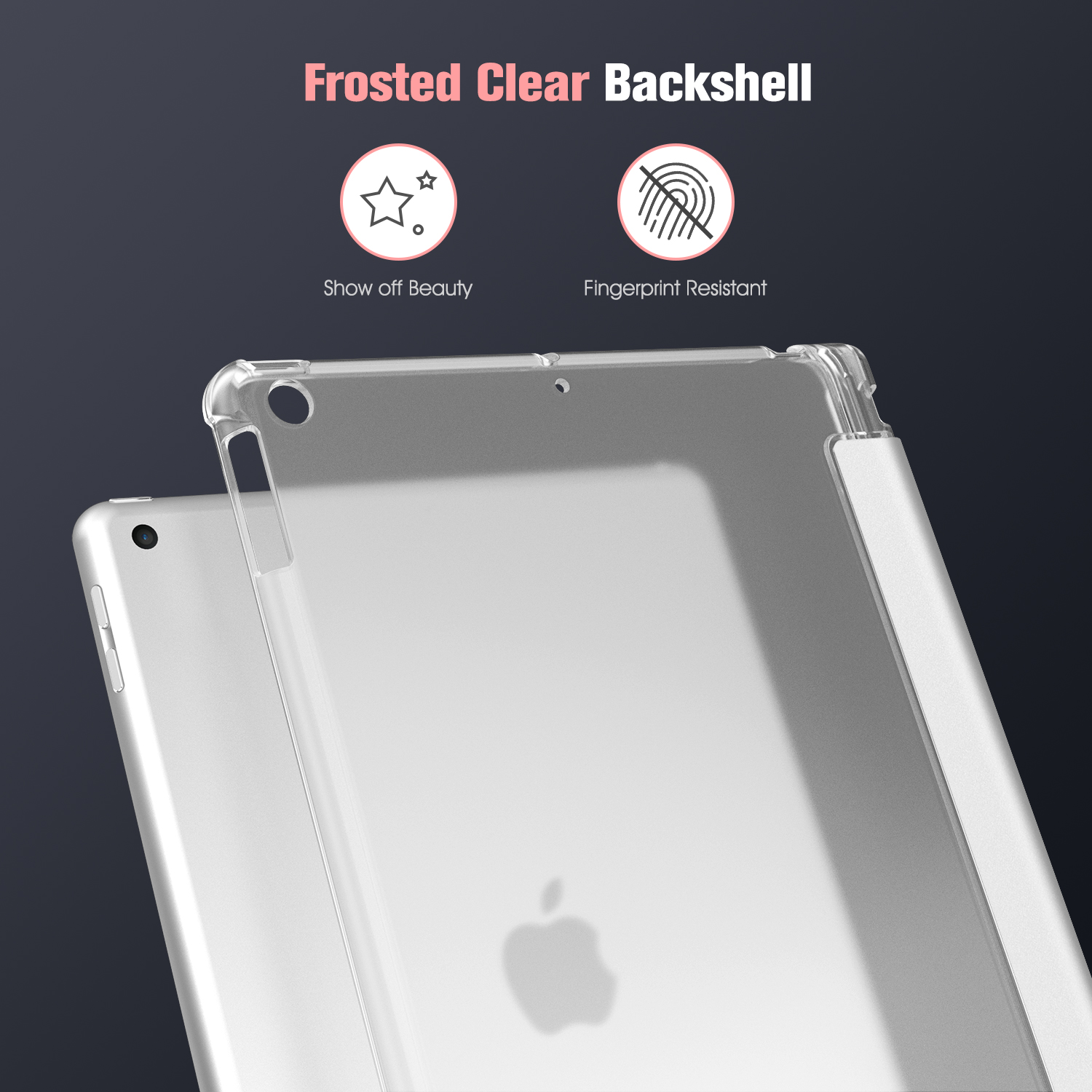 Transparente iPad-Hülle. iPad im Hintergrund. Text sagt: Zeige Schönheit und Fingerabdruckresistent.