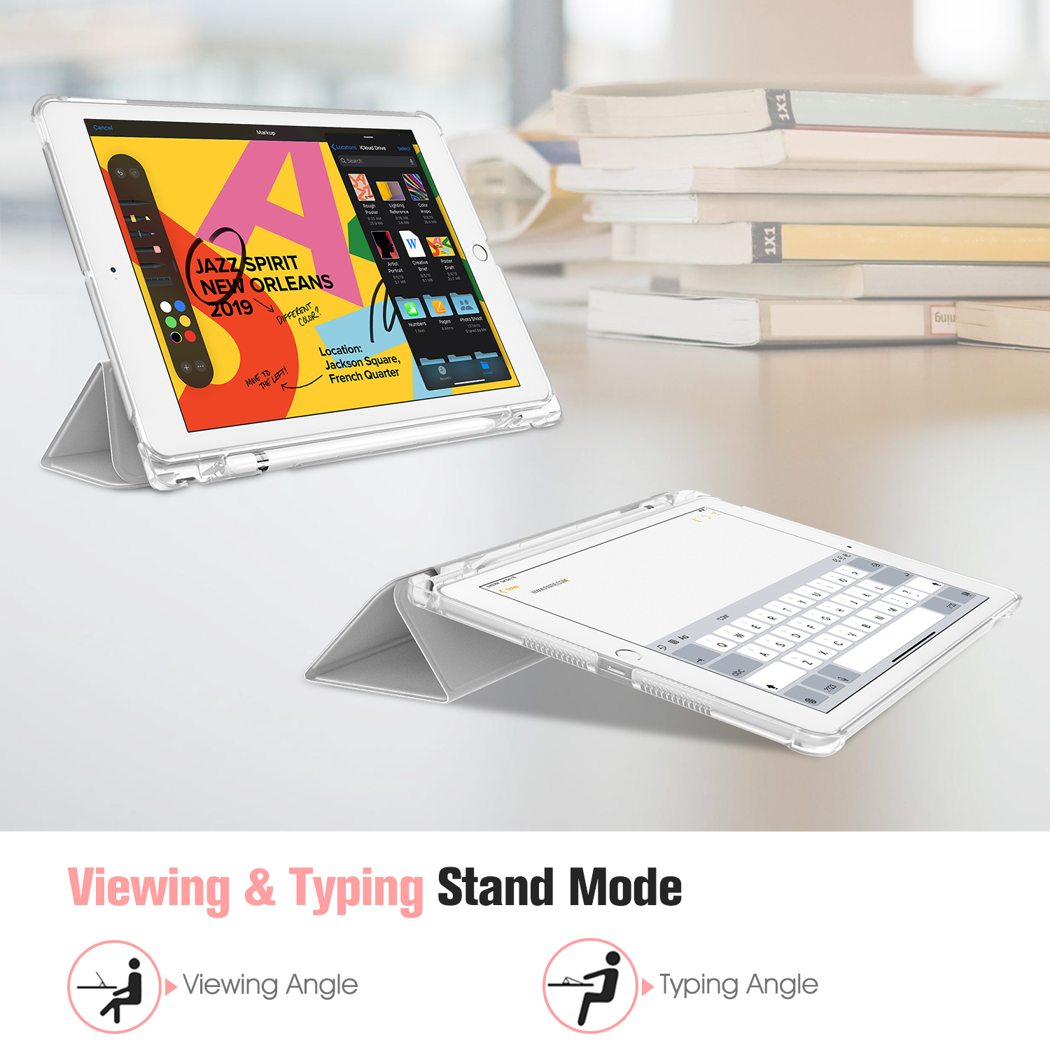 Zwei iPad-Hüllen im Betrachtungs- und Tippständer-Modus. Enthält Text und Illustrationen für Winkel.