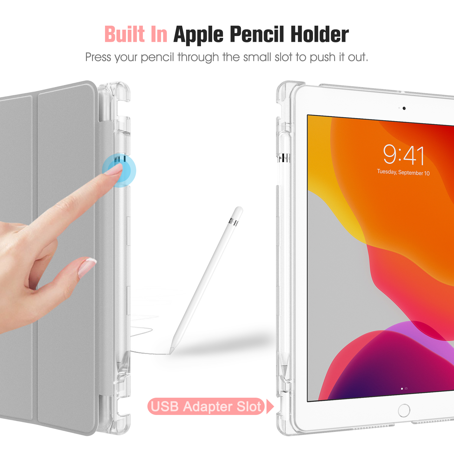 Eine Tablet-Hülle mit einer Hand, die auf einen blauen Kreis zeigt, und einem Stift.
