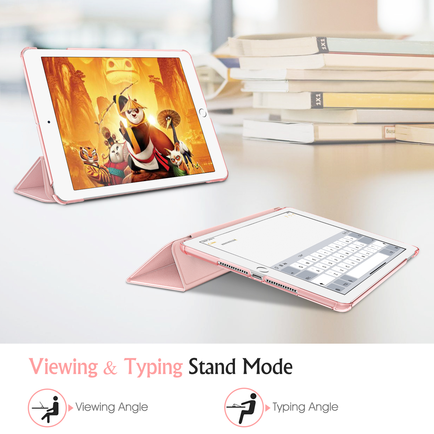 Tablet in rosa Hülle mit Ständer. Text sagt Betrachtungs- und Tippständer-Modus.