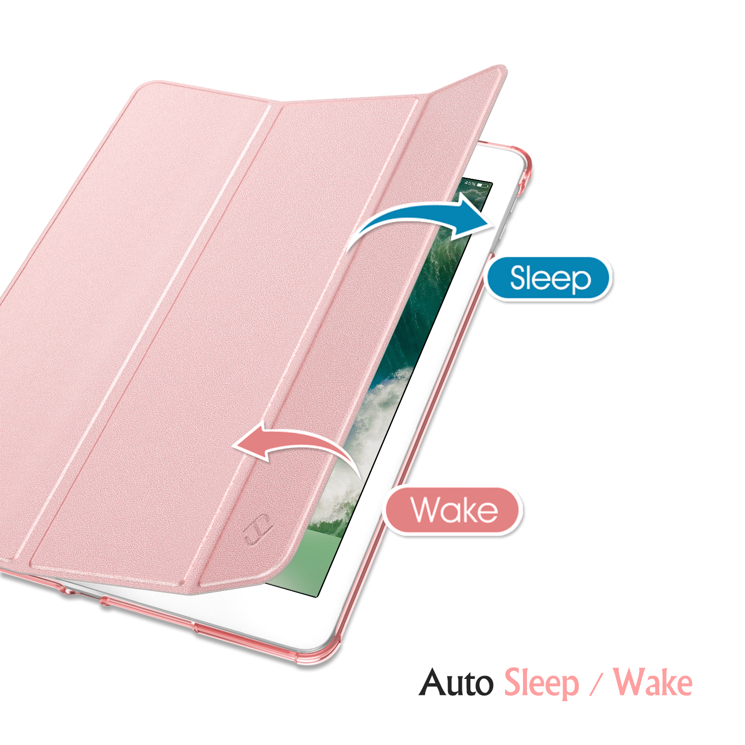 Rosa Tablethülle mit Auto-Schlaf-/Weckfunktion. Blauer Pfeil für Schlaf, rosa Pfeil für Wecken.