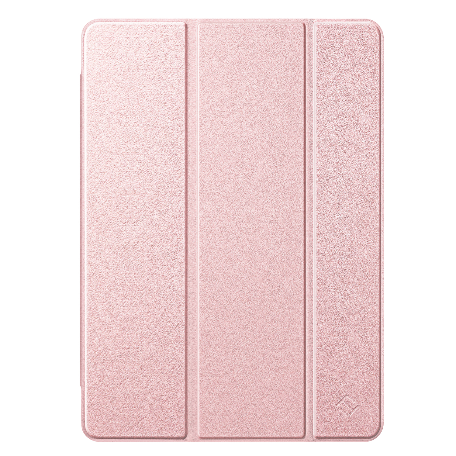 Rosa Tablet-Hülle mit drei Paneelen, strukturierter Oberfläche und Logo unten rechts.
