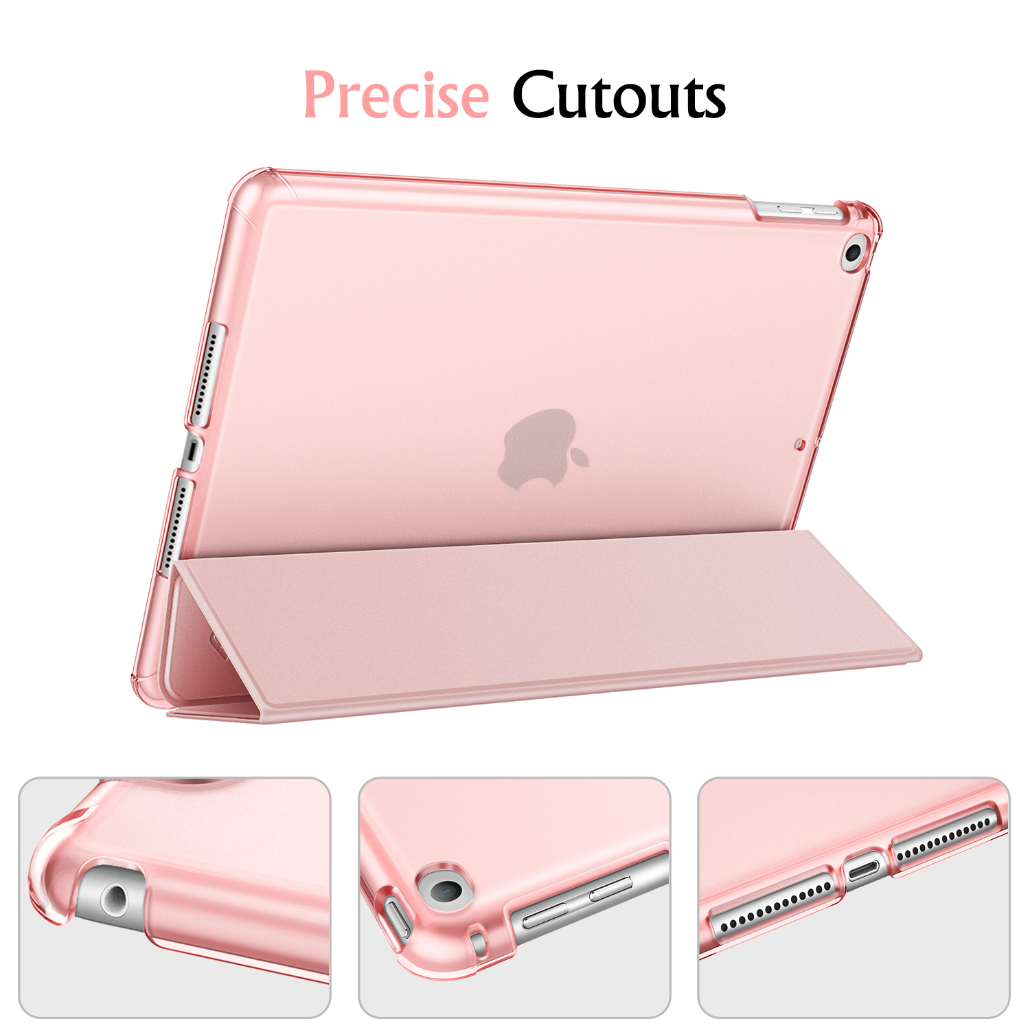 Eine rosa iPad-Hülle. Die Hülle ist geöffnet, das iPad befindet sich darin. Nahaufnahmen der Hüllendetails.