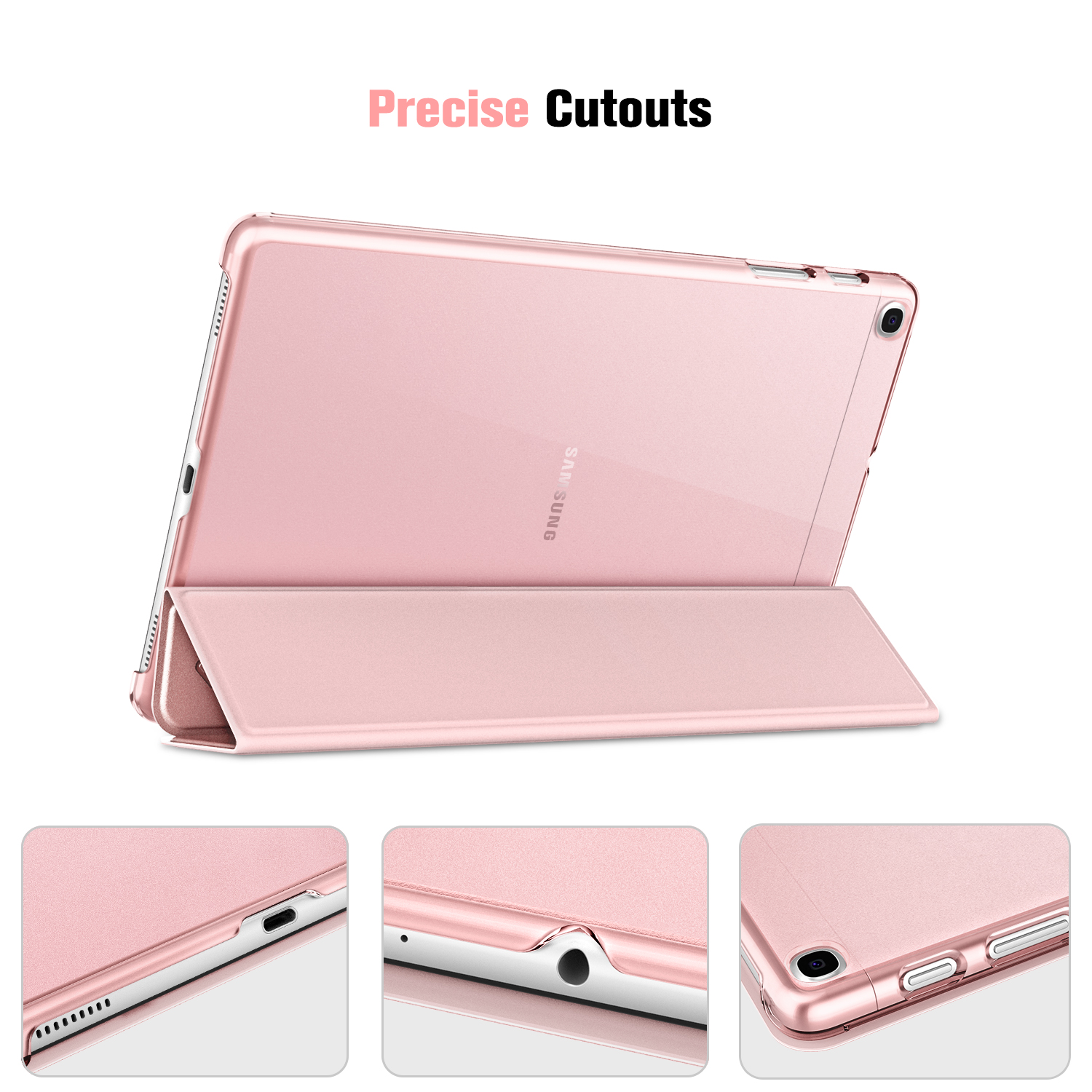 Rosa Tablet-Hülle mit präzisen Aussparungen. Tablet befindet sich auf der Hülle.