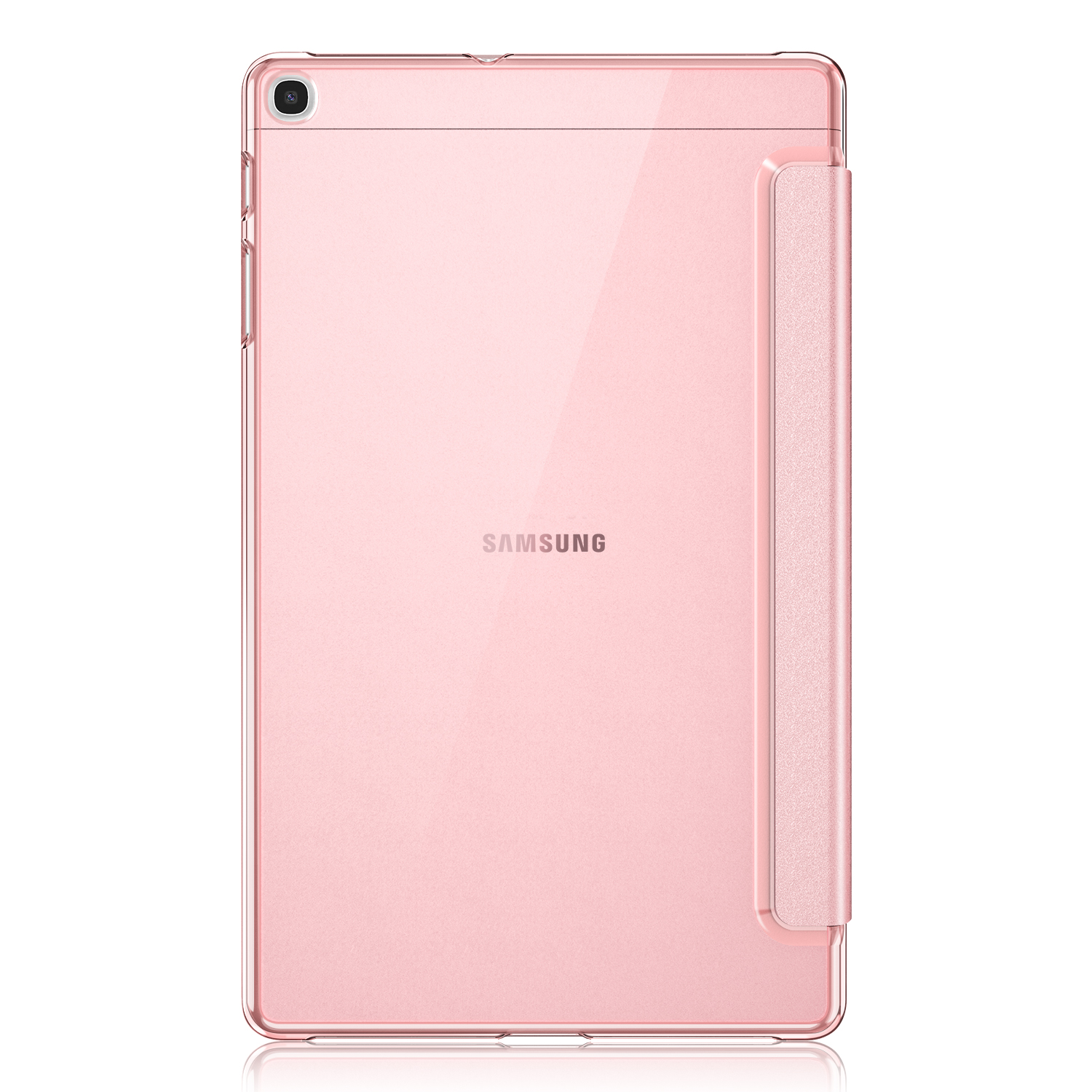 Eine rosa Tablet-Hülle mit durchsichtigem Rücken und integriertem Ständer, das Samsung-Logo sichtbar.