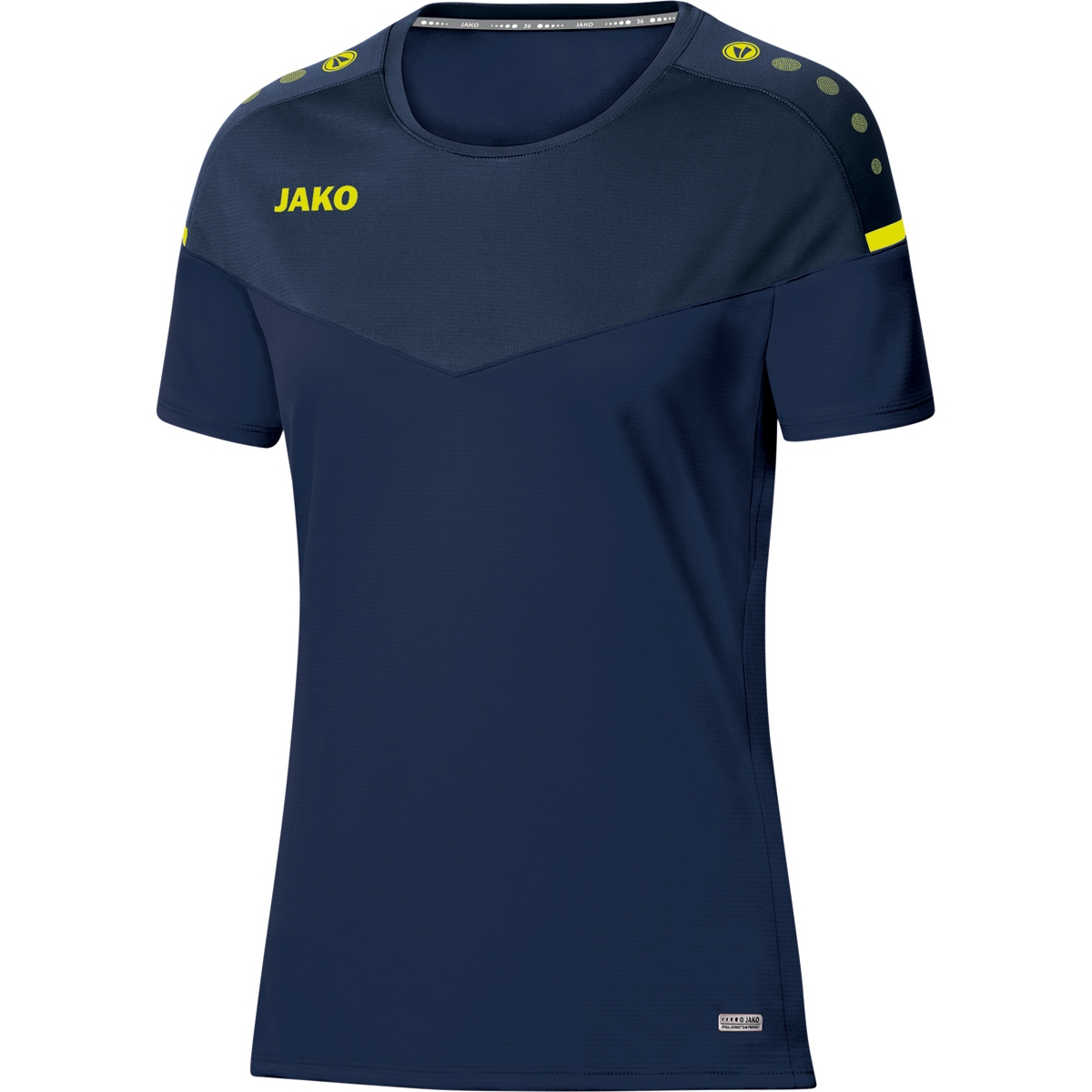 JAKO T-Shirt 2.0 Damen, Champ marine/darkblue/neongelb, 34, 6120 Gr