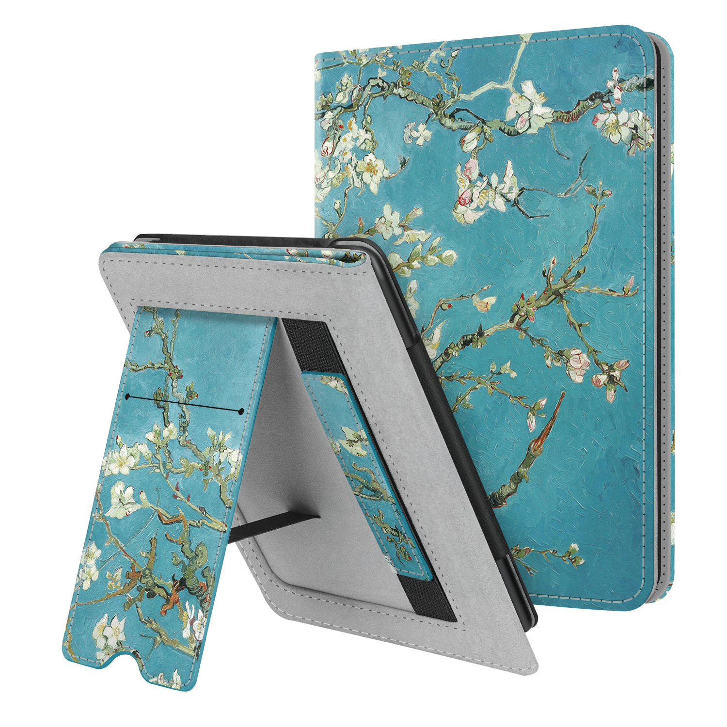 Tablet-Hülle mit Blumendesign; Aufstellfunktion. Blauer Hintergrund, weiße Blumen. Zwei Teile sind sichtbar.