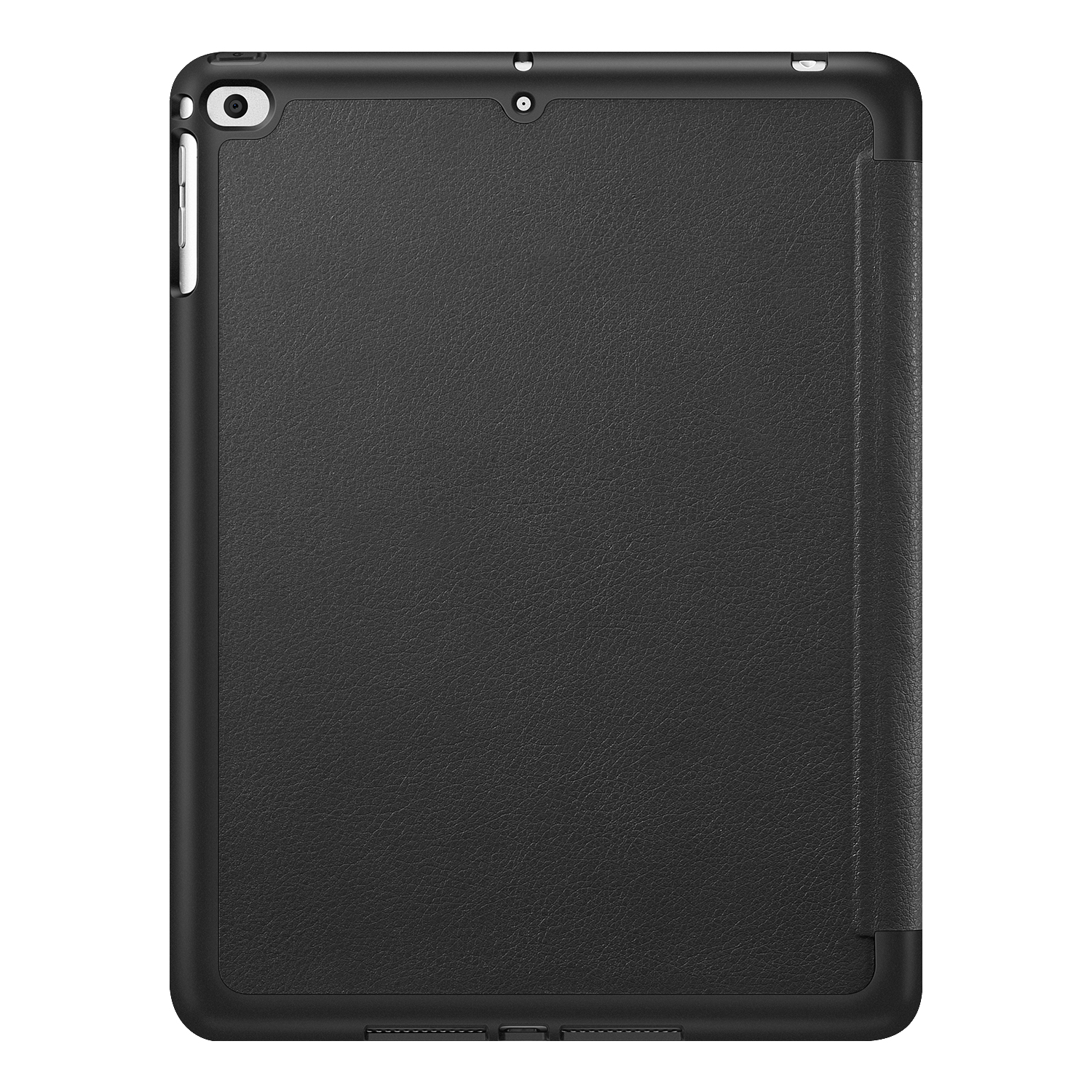 Schwarze Tablet-Hülle. Die Hülle hat eine strukturierte Oberfläche und eine Klappe.