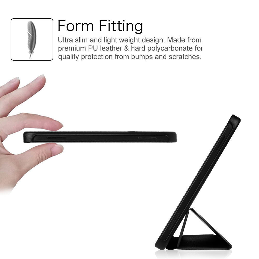 Eine schwarze Handyhülle mit einem Telefon darin, die das schlanke Design und die Standfunktion zeigt.