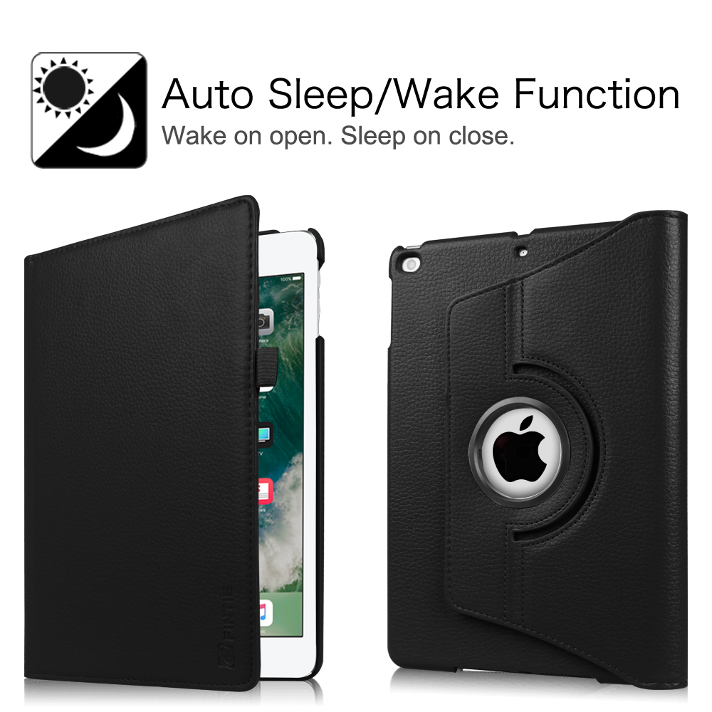 Schwarze iPad-Hülle mit offener und geschlossener Ansicht. Verfügt über die Auto-Sleep/Wake-Funktion.