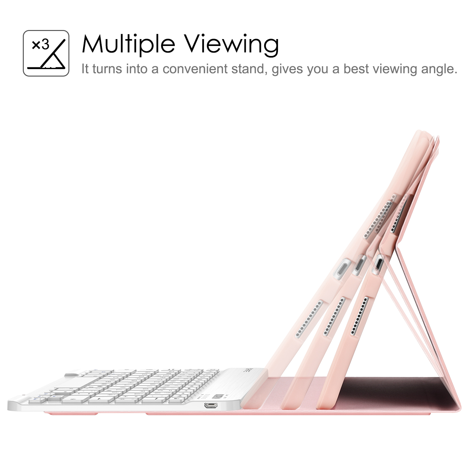 Tablet in rosa Hülle mit Tastatur, zeigt mehrere Betrachtungswinkel.